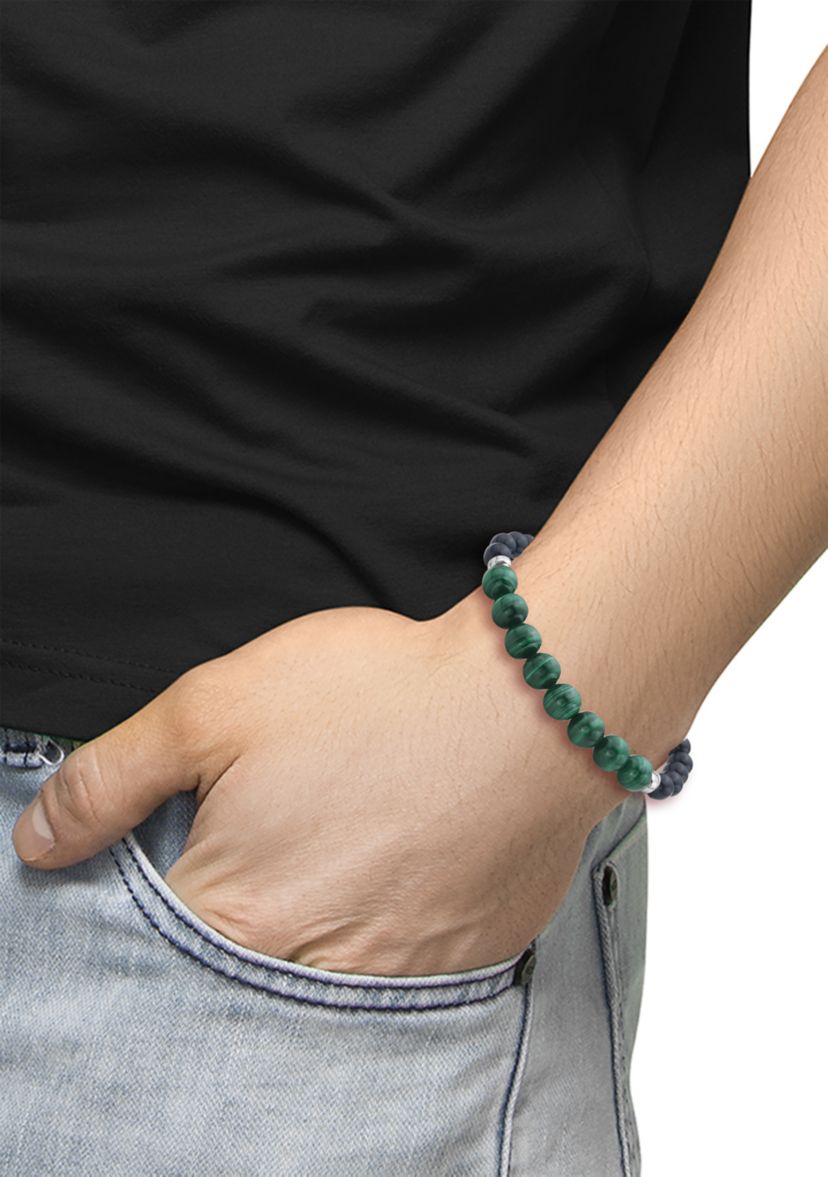 Sterling Silver Malachite, Onyx Mens Adjustable  Bracelet