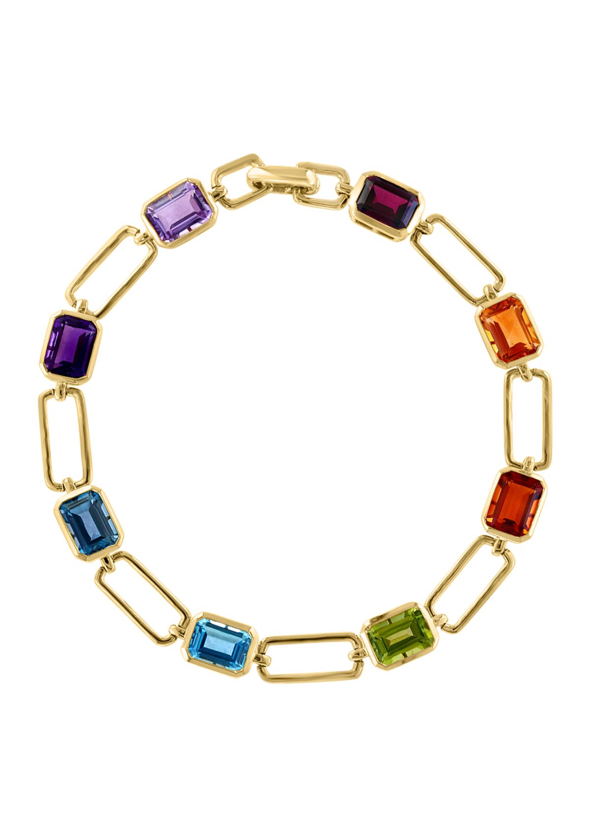 14K Yellow Gold Amethyst, Pink Amethyst, Blue Topaz, London Blue Topaz, Citrine, Madera Citrine, Rhodolite, and Peridot Bracelet