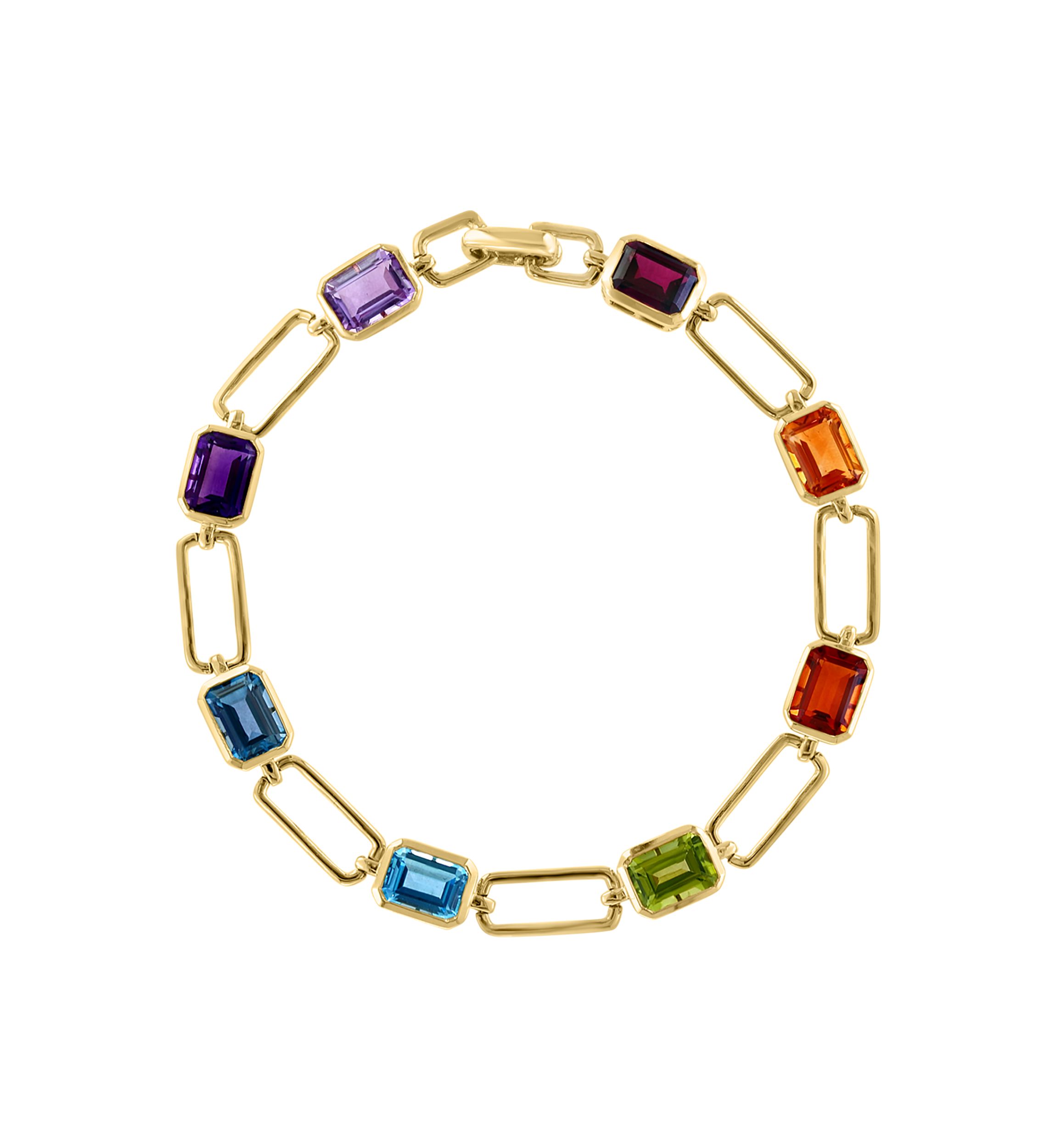 14K Yellow Gold Amethyst, Pink Amethyst, Blue Topaz, London Blue Topaz, Citrine, Madera Citrine, Rhodolite, and Peridot Bracelet