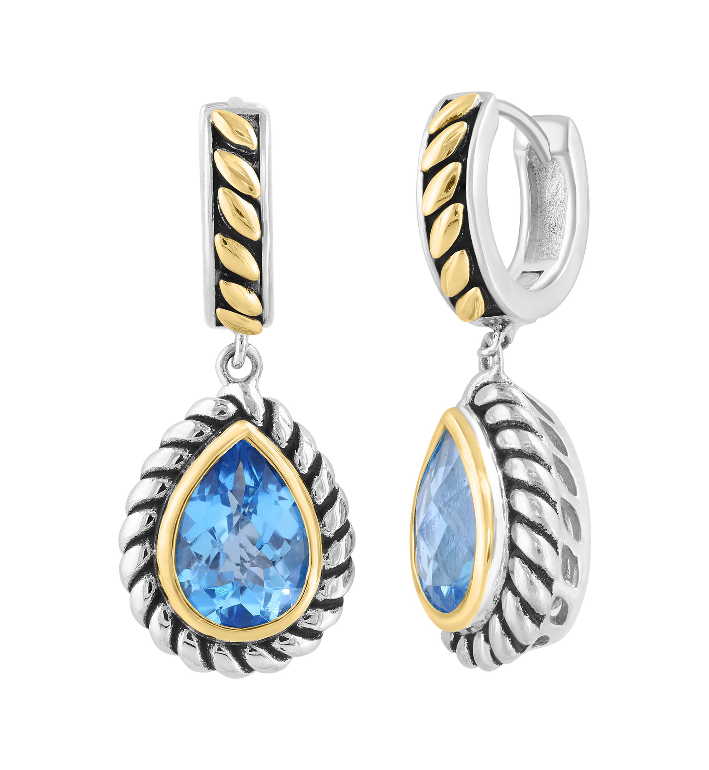Blue Topaz Pear Earrings in Sterling Silver and 18K Yellow Gold