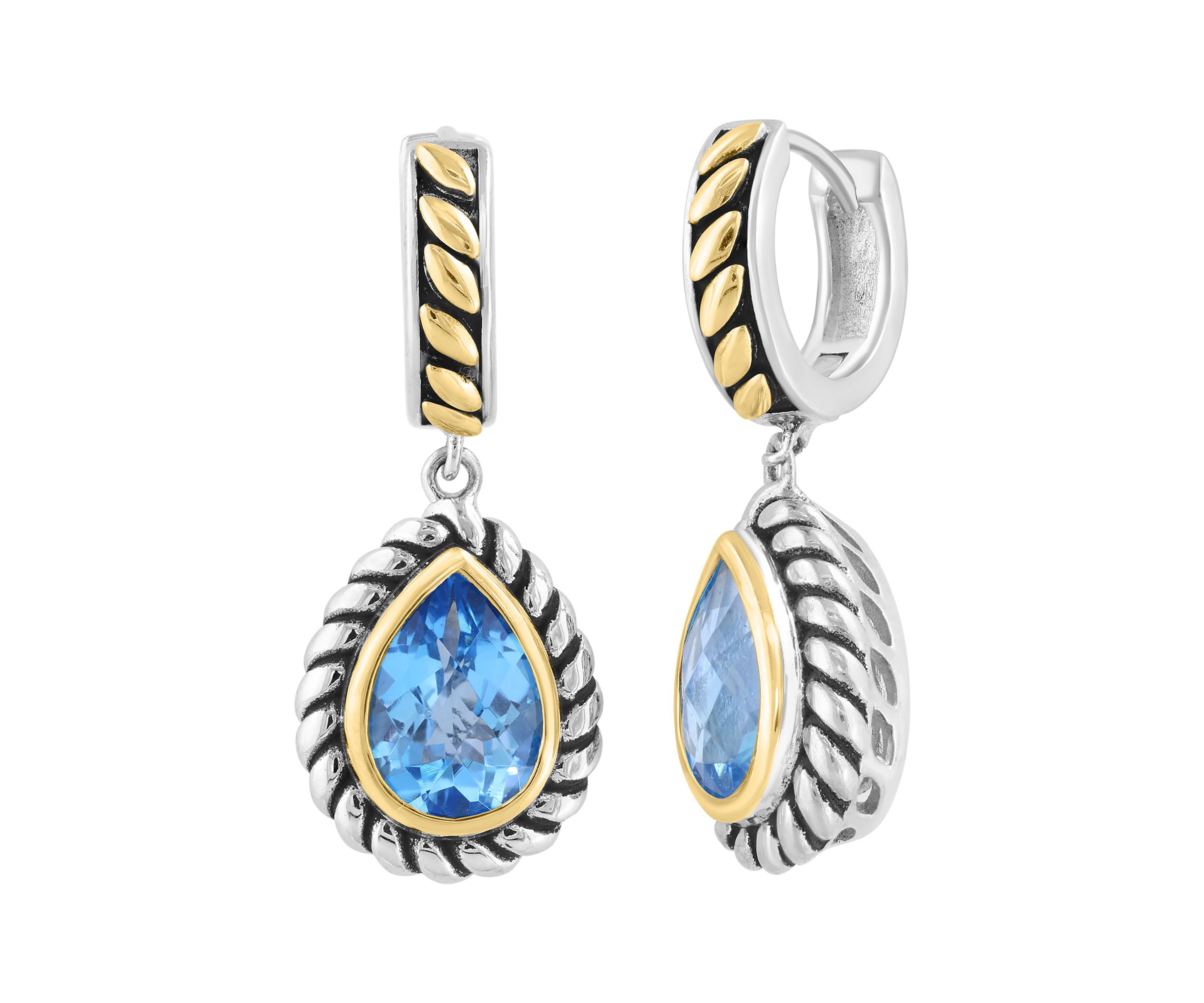 Blue Topaz Pear Earrings in Sterling Silver and 18K Yellow Gold
