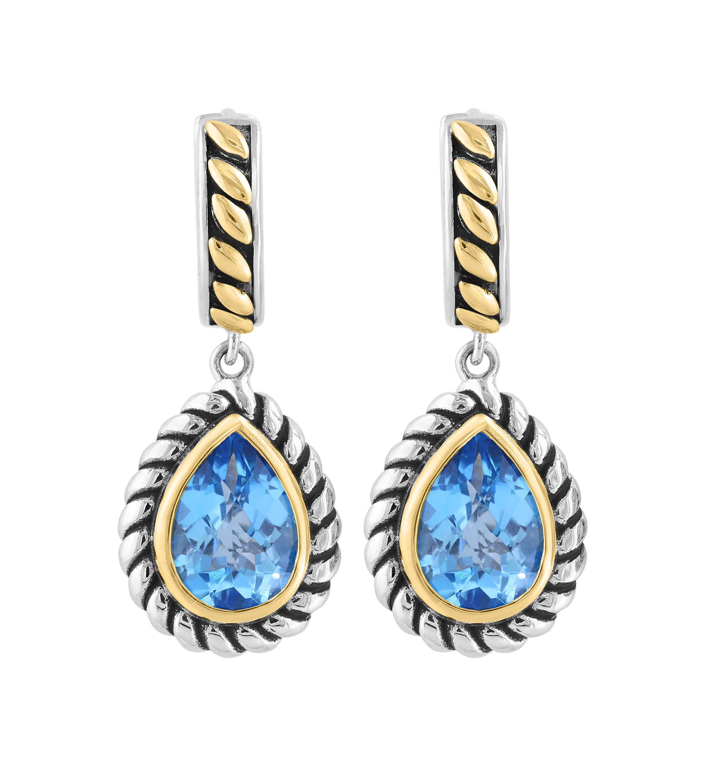 Blue Topaz Pear Earrings in Sterling Silver and 18K Yellow Gold