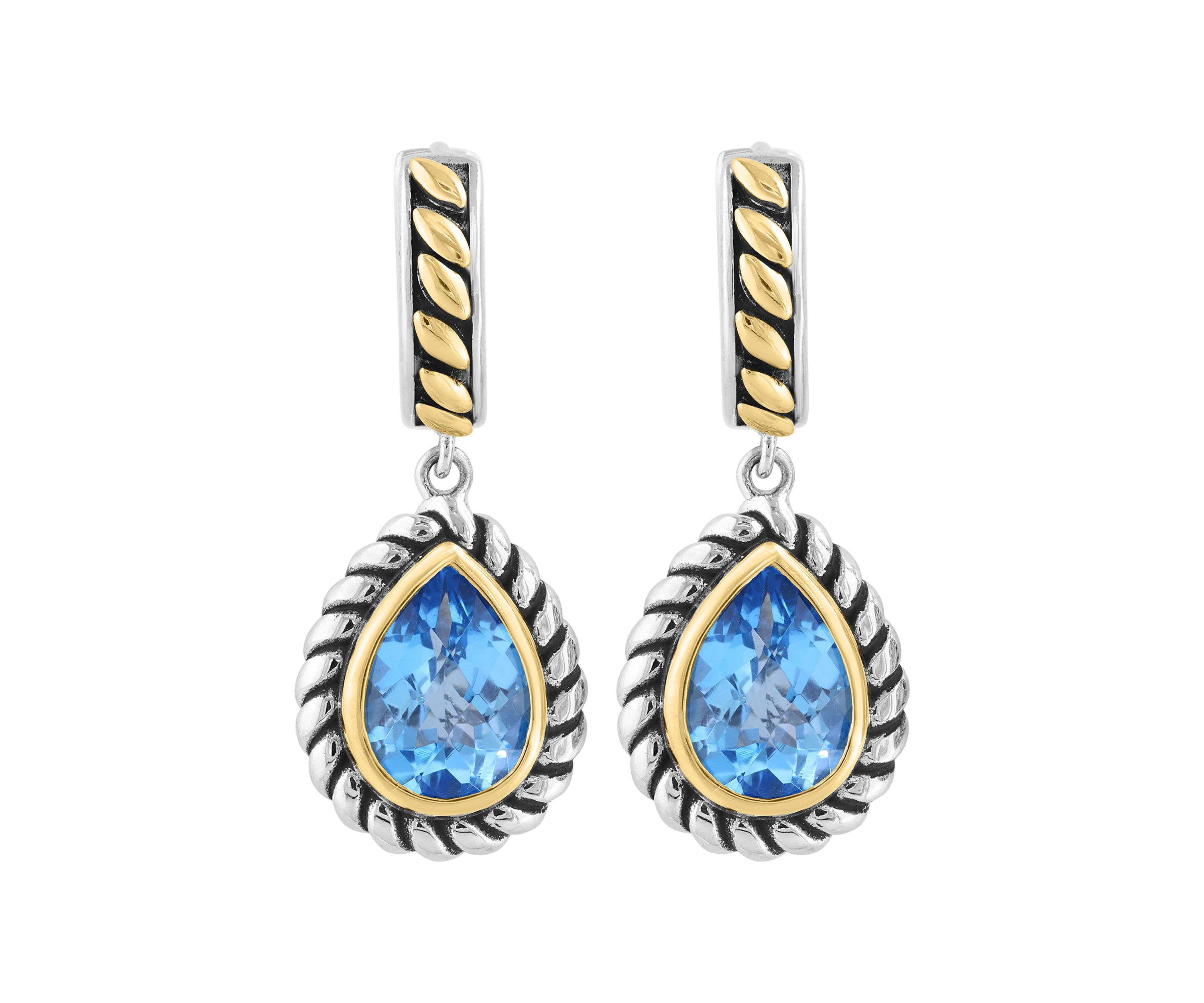 Blue Topaz Pear Earrings in Sterling Silver and 18K Yellow Gold
