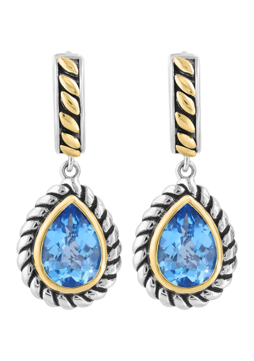 Blue Topaz Pear Earrings in Sterling Silver and 18K Yellow Gold