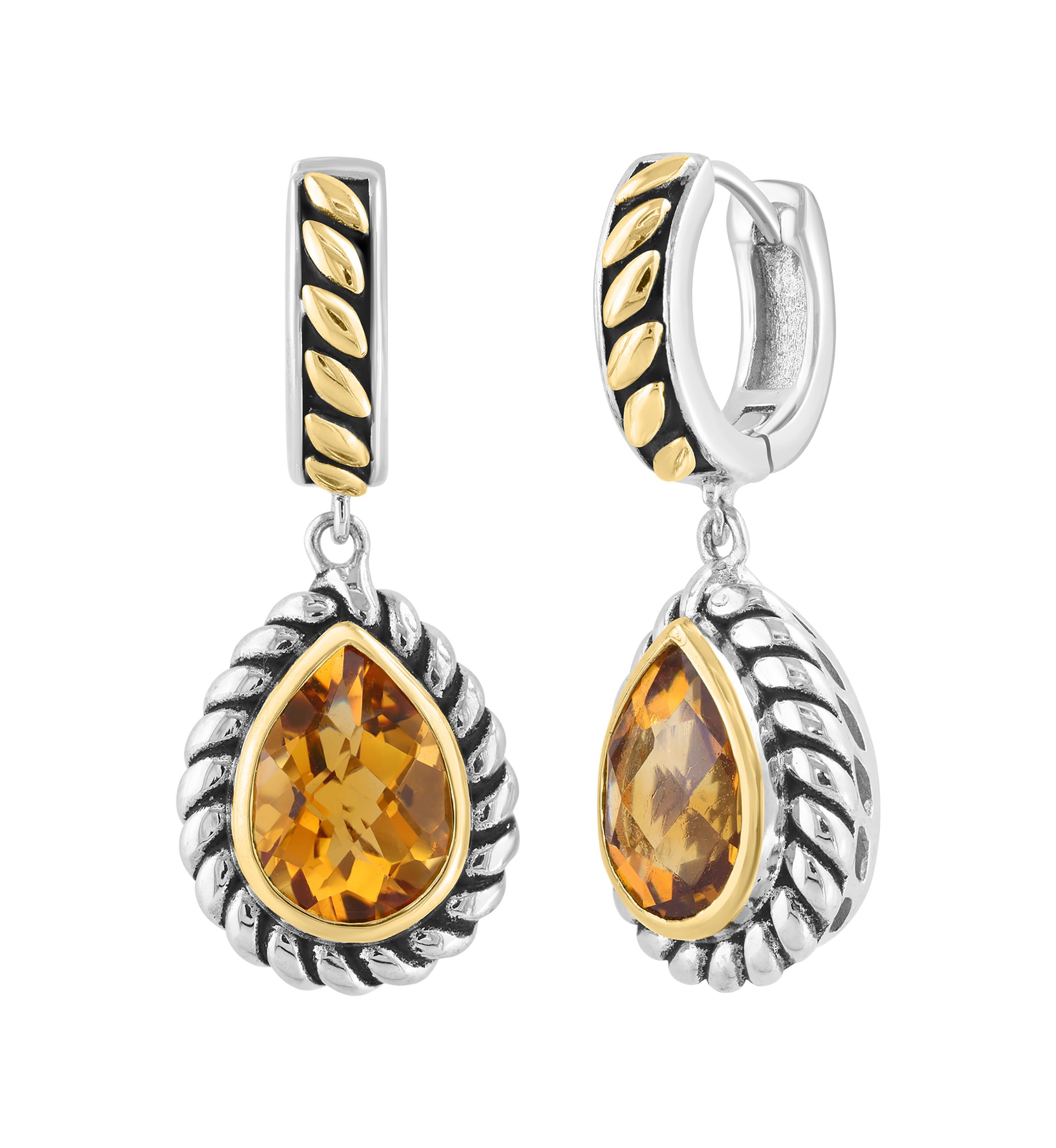 Citrine Pear Earrings in Sterling Silver and 18K Yellow Gold