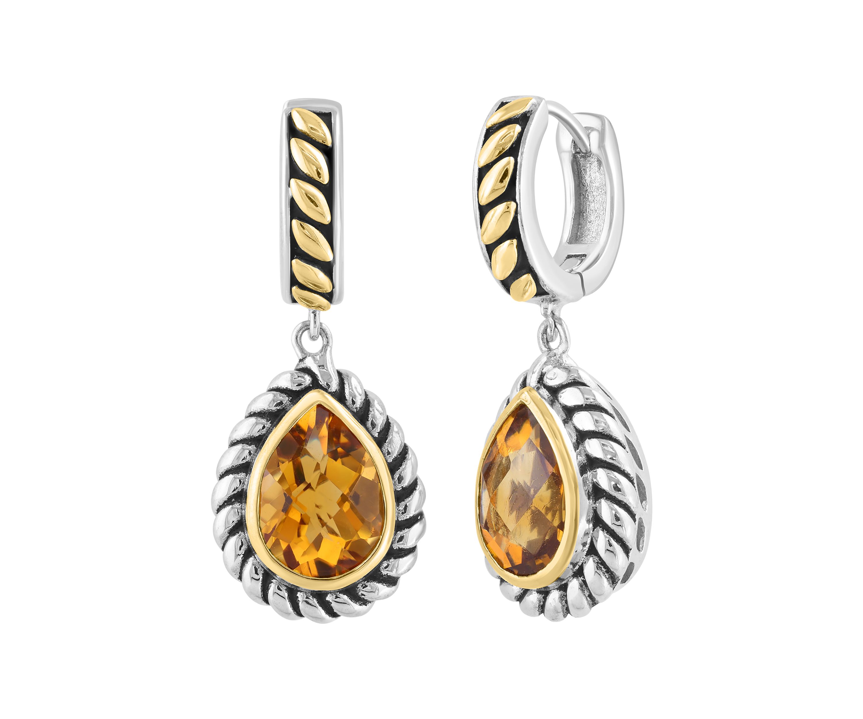 Citrine Pear Earrings in Sterling Silver and 18K Yellow Gold
