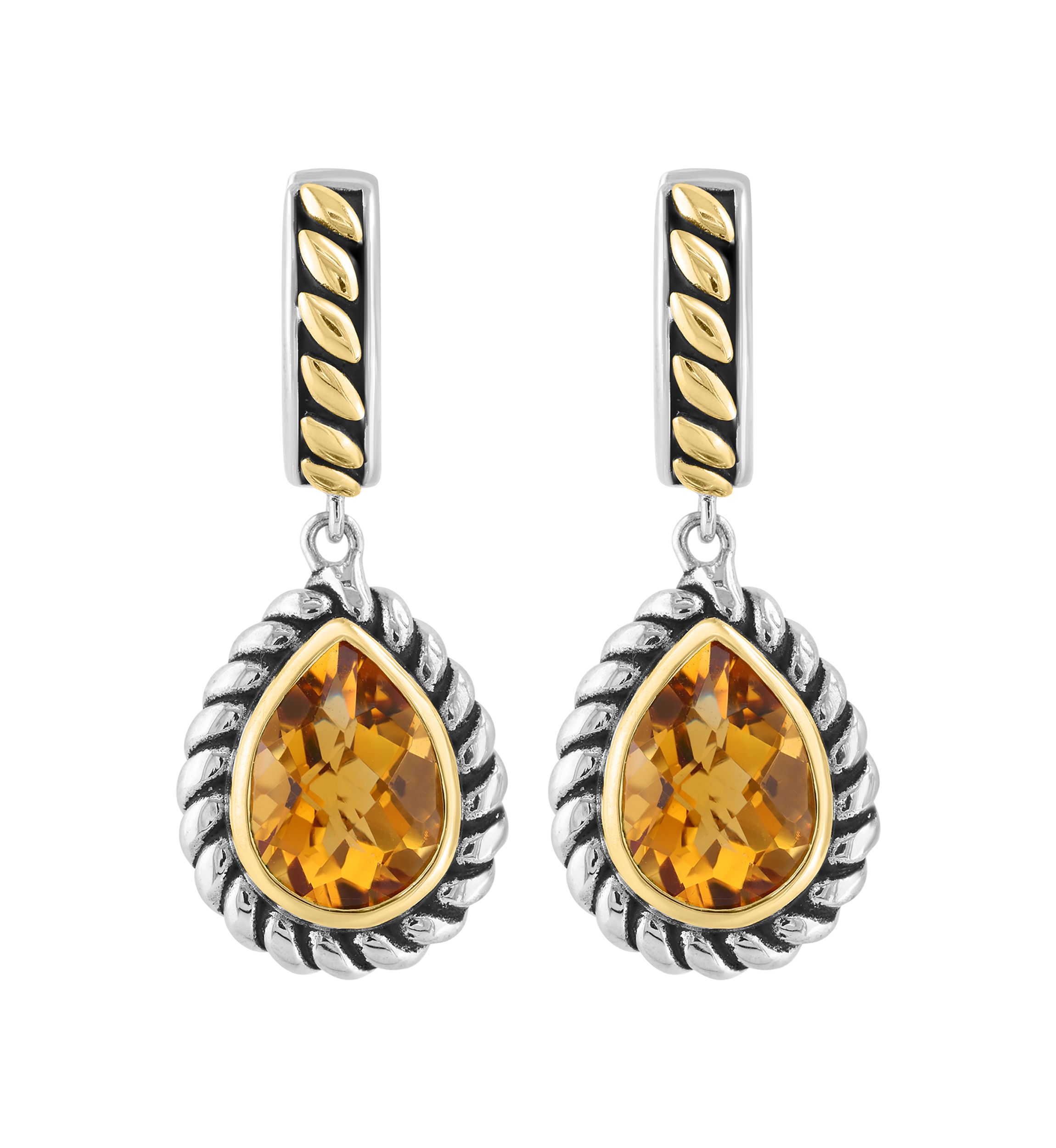 Citrine Pear Earrings in Sterling Silver and 18K Yellow Gold