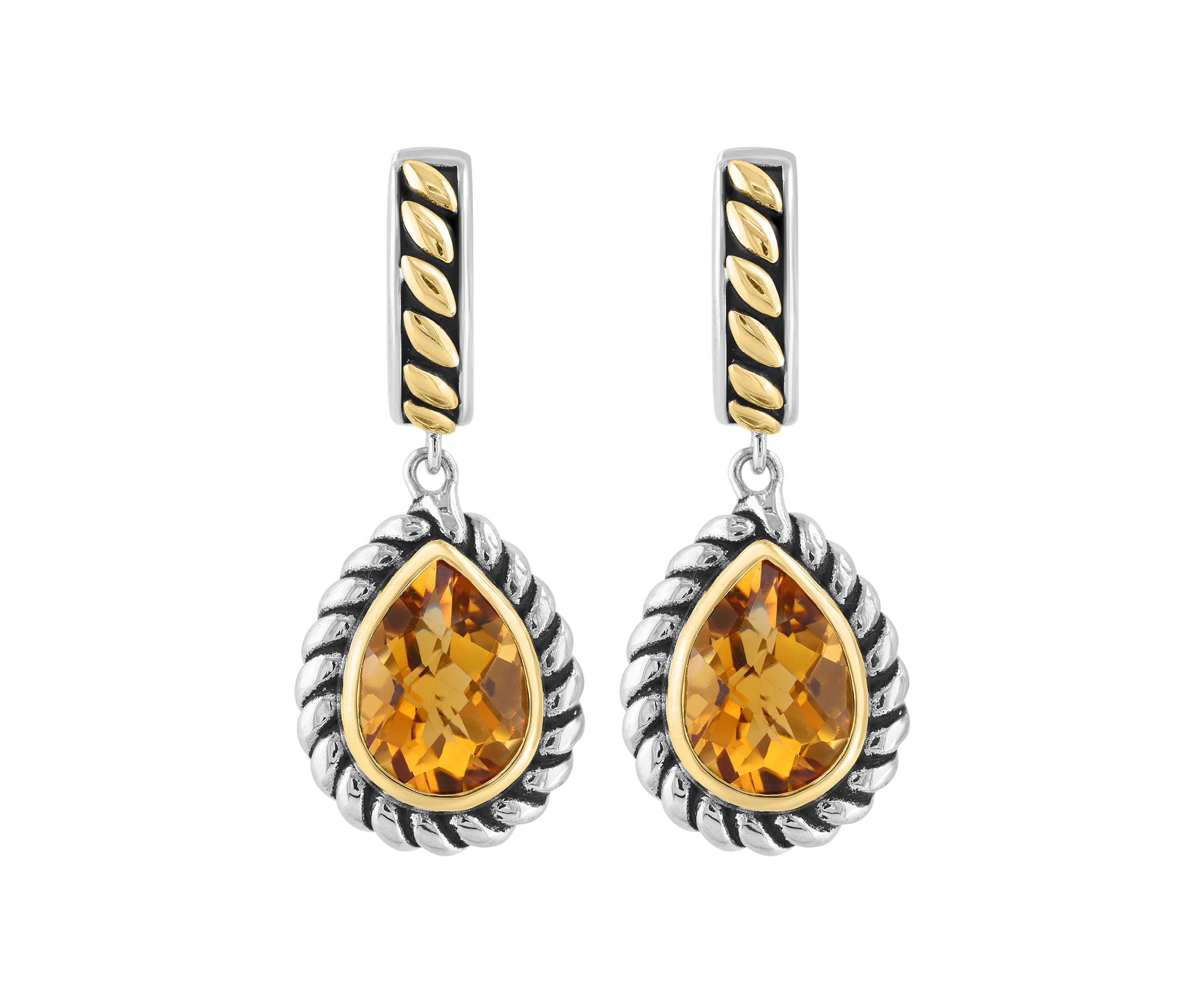 Citrine Pear Earrings in Sterling Silver and 18K Yellow Gold
