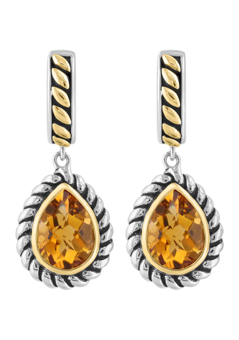 Citrine Pear Earrings in Sterling Silver and 18K Yellow Gold