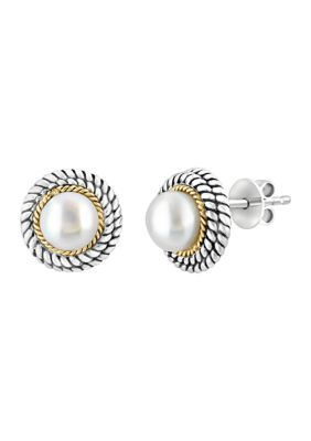 Effy Freshwater Pearl Button Earrings In Sterling Silver And 18K Yellow Gold