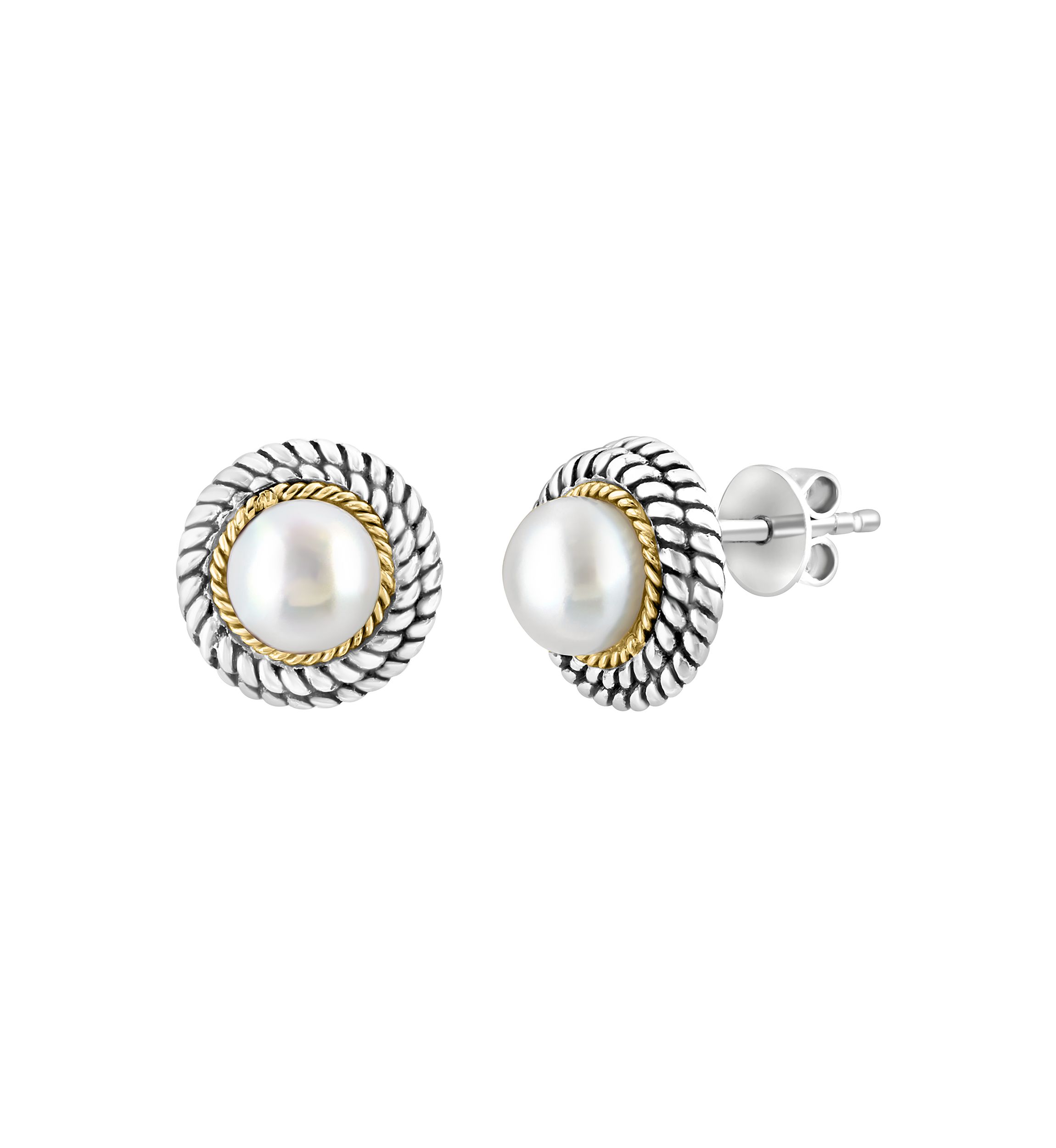 Freshwater Pearl Button Earrings in Sterling Silver and 18K Yellow Gold