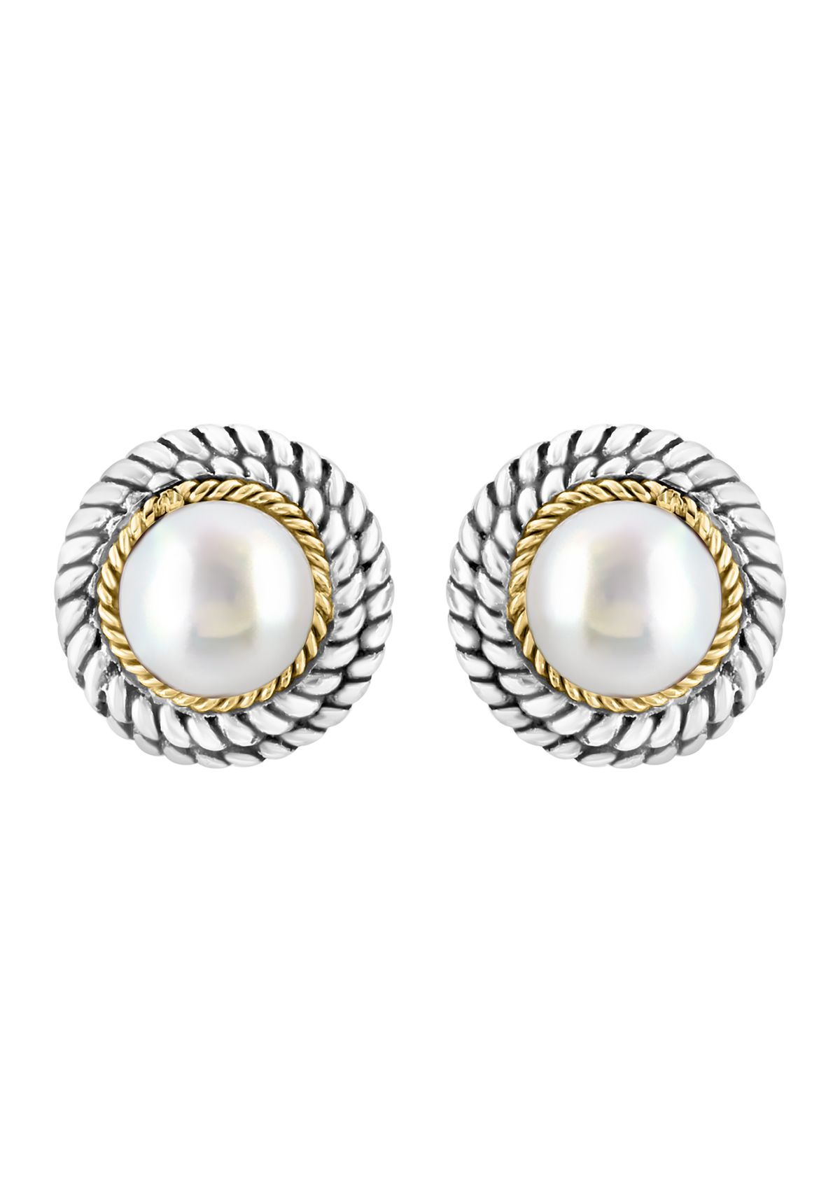Freshwater Pearl Button Earrings in Sterling Silver and 18K Yellow Gold