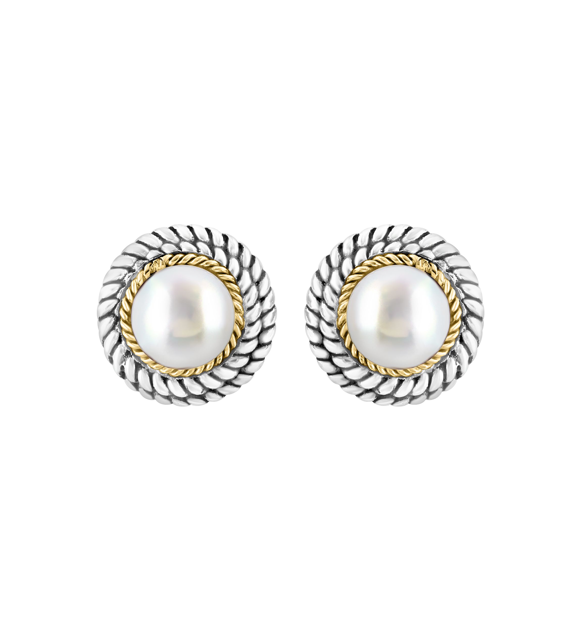 Freshwater Pearl Button Earrings in Sterling Silver and 18K Yellow Gold