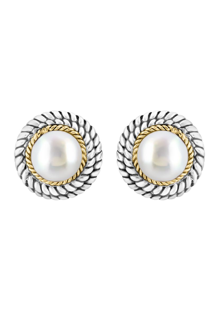 Freshwater Pearl Button Earrings in Sterling Silver and 18K Yellow Gold