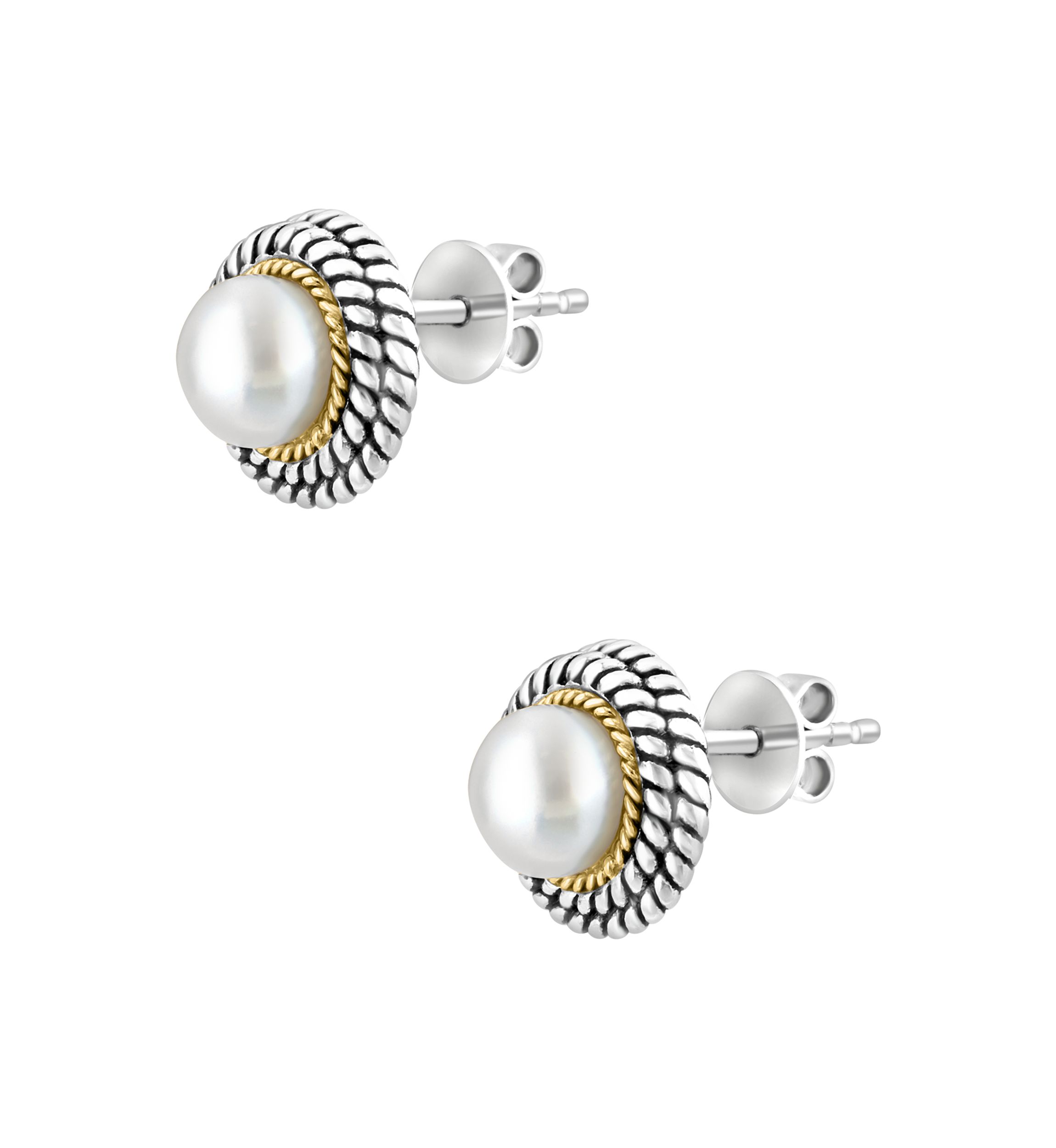 Freshwater Pearl Button Earrings in Sterling Silver and 18K Yellow Gold