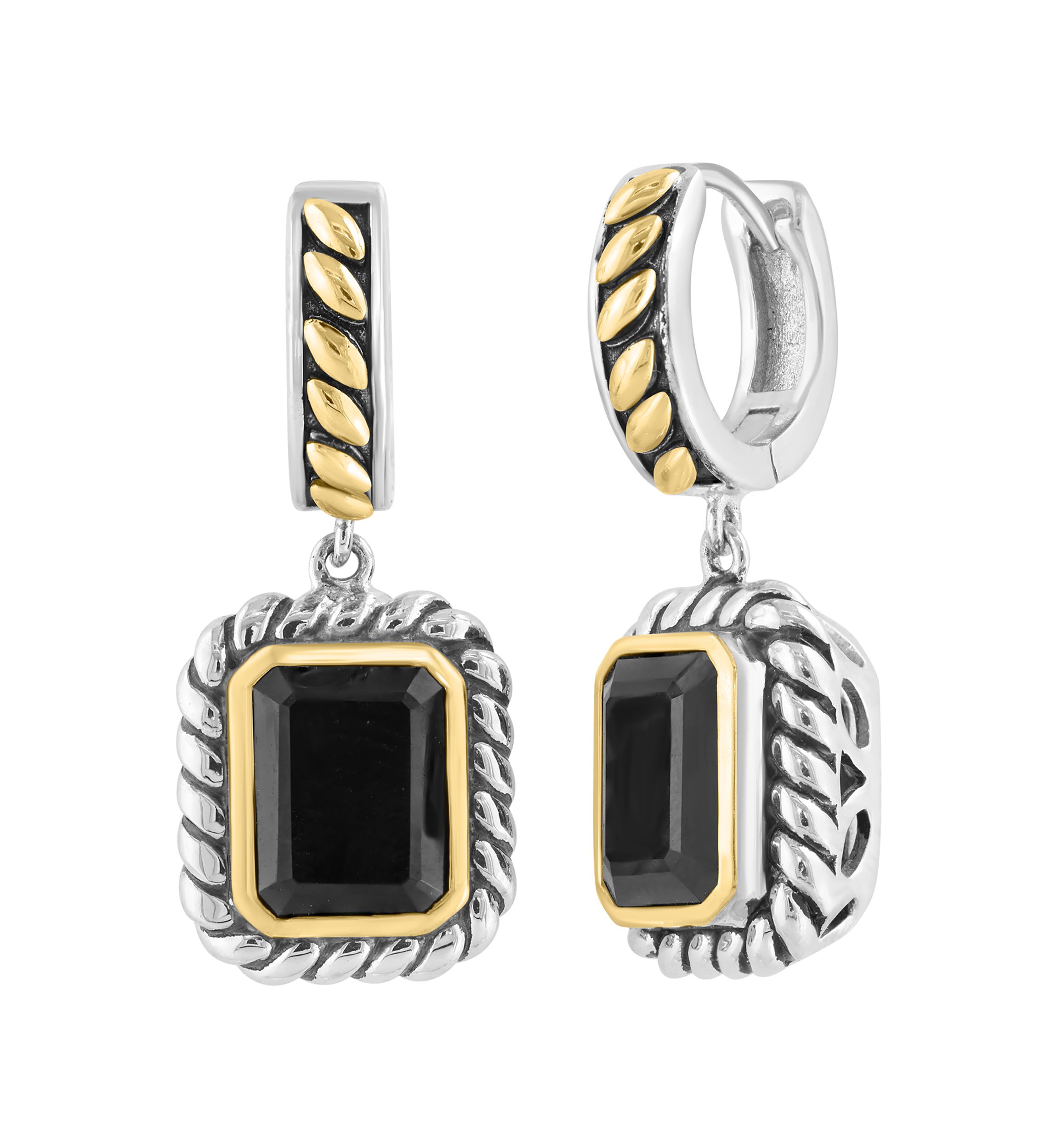 Onyx Drop Earrings in Sterling Silver and 18K Yellow Gold