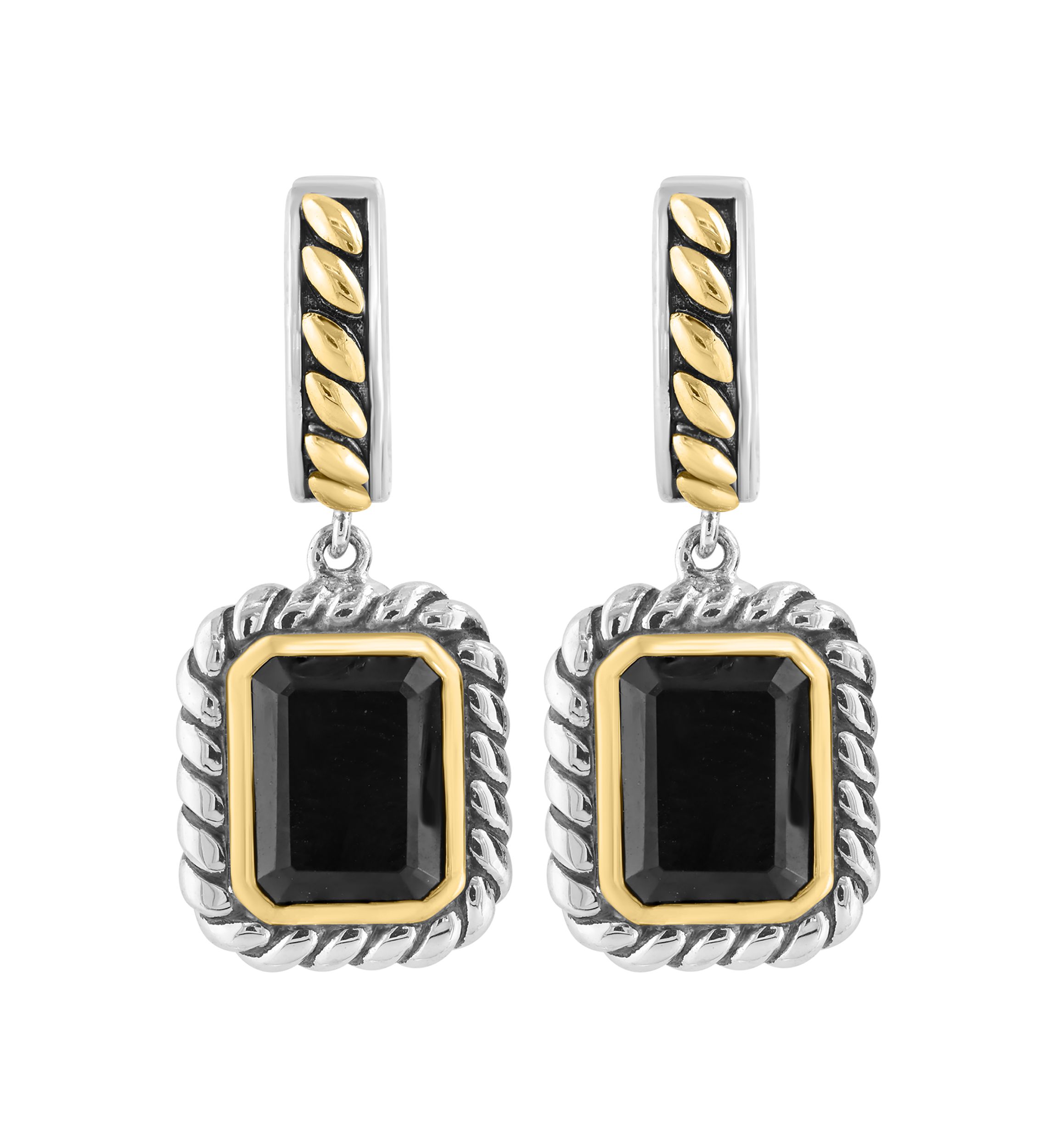 Onyx Drop Earrings in Sterling Silver and 18K Yellow Gold