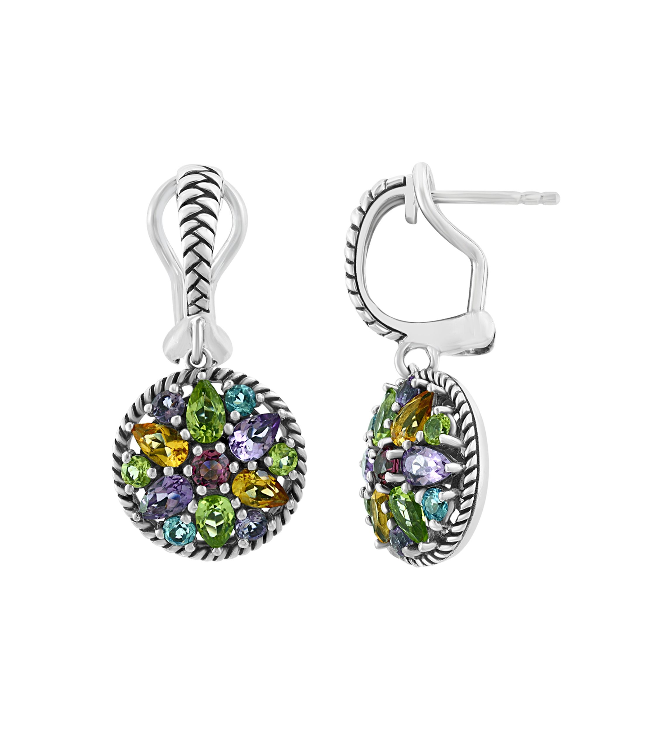Sterling Silver Amethyst, Blue Topaz, Citrine, Rhodolite, Peridot Earrings