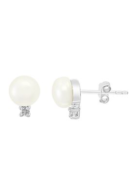 Effy Sterling Silver Freshwater Pearl and 1/10 ct. t.w. Diamond Earrings -  5400451IES0R748UV