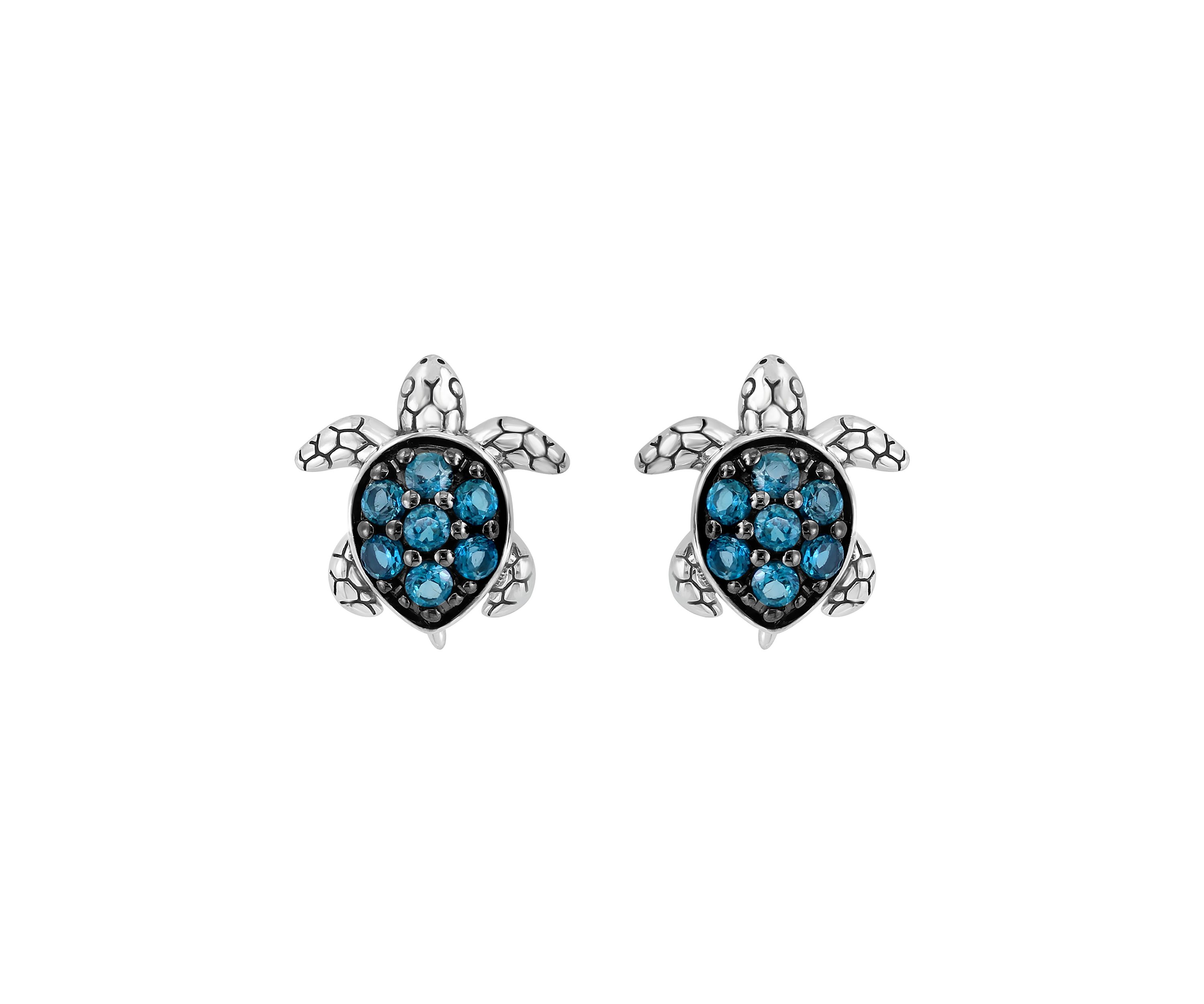 London Blue Topaz Turtle Earrings in Sterling Silver
