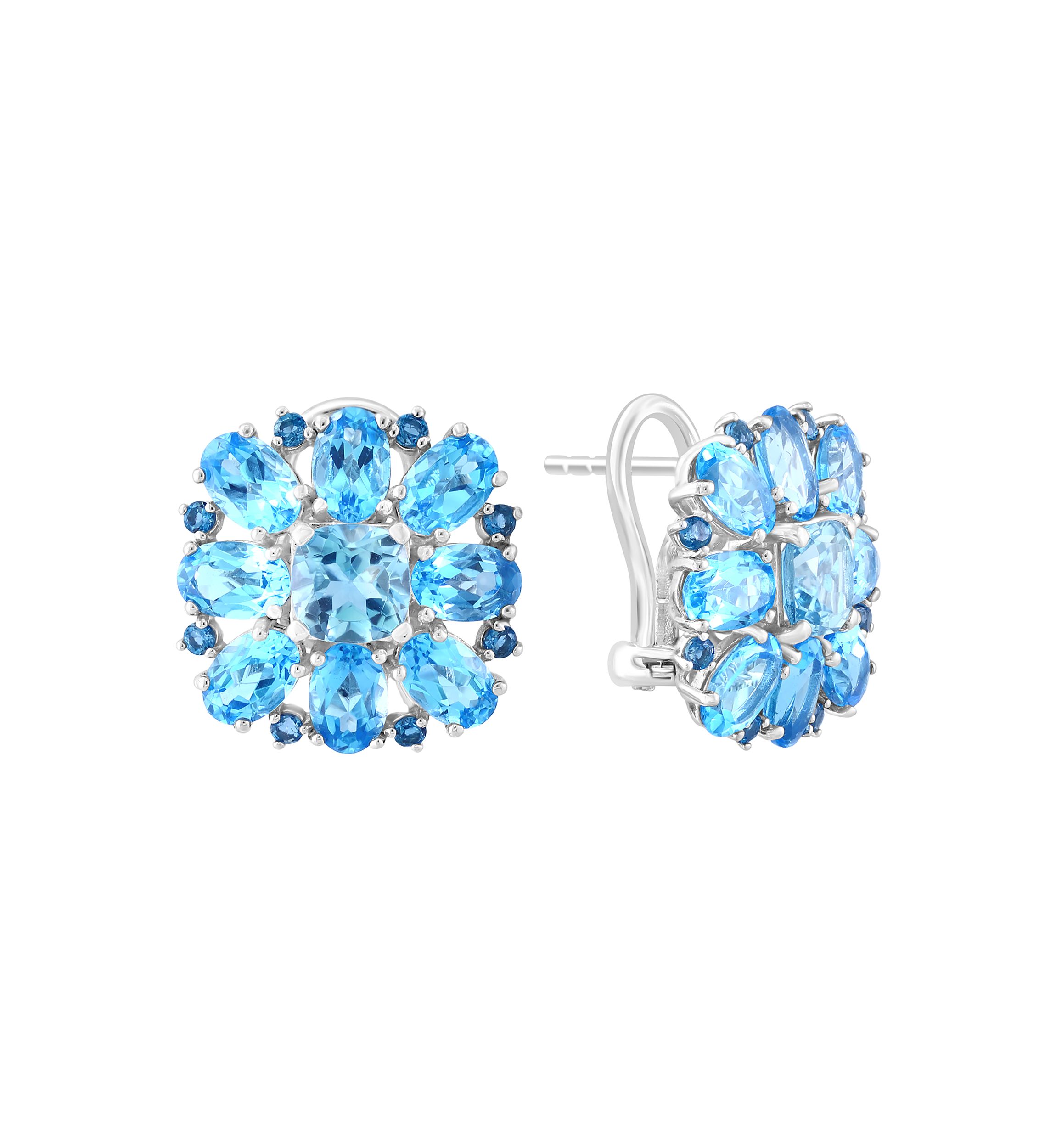 Blue Topaz, London Blue Topaz and Sky Blue Topaz Cluster Flower Earrings in Sterling Silver