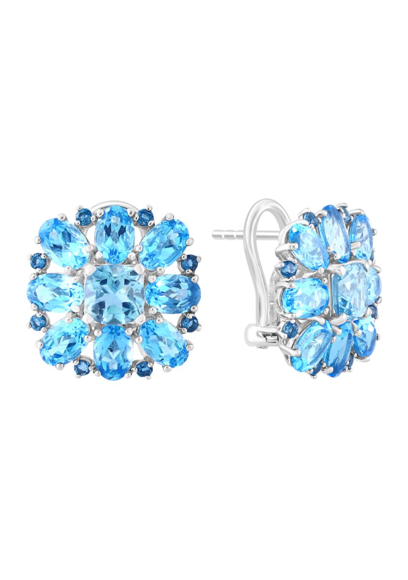 Blue Topaz, London Blue Topaz and Sky Blue Topaz Cluster Flower Earrings in Sterling Silver