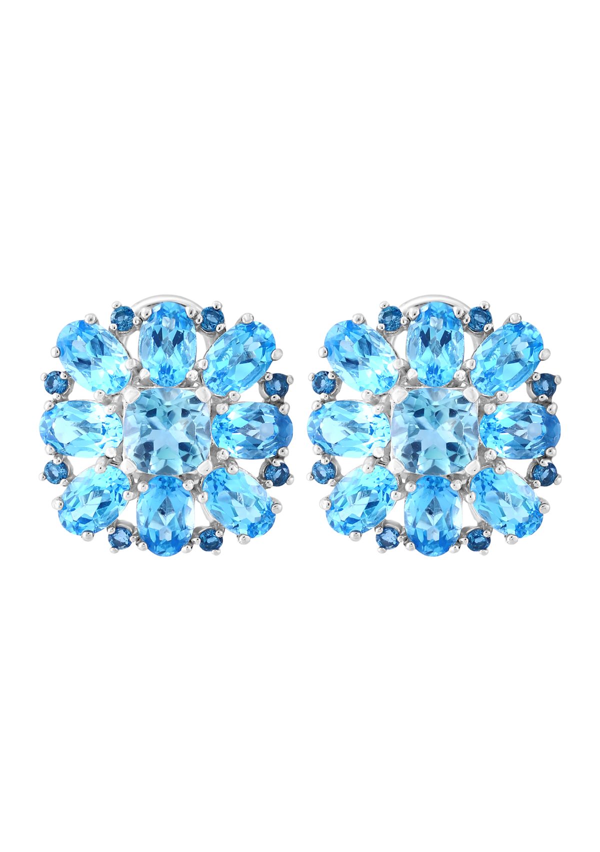Blue Topaz, London Blue Topaz and Sky Blue Topaz Cluster Flower Earrings in Sterling Silver