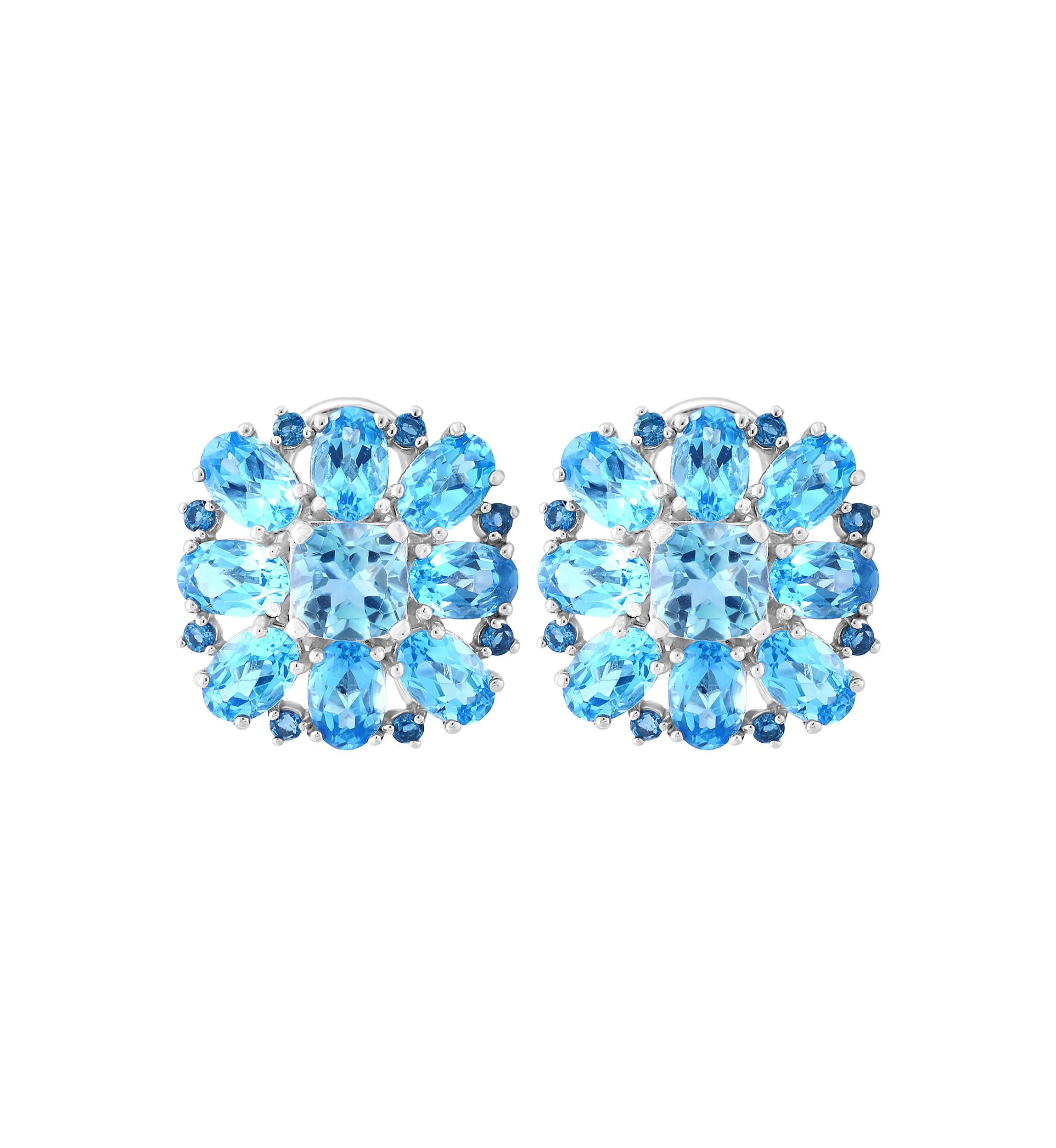 Blue Topaz, London Blue Topaz and Sky Blue Topaz Cluster Flower Earrings in Sterling Silver