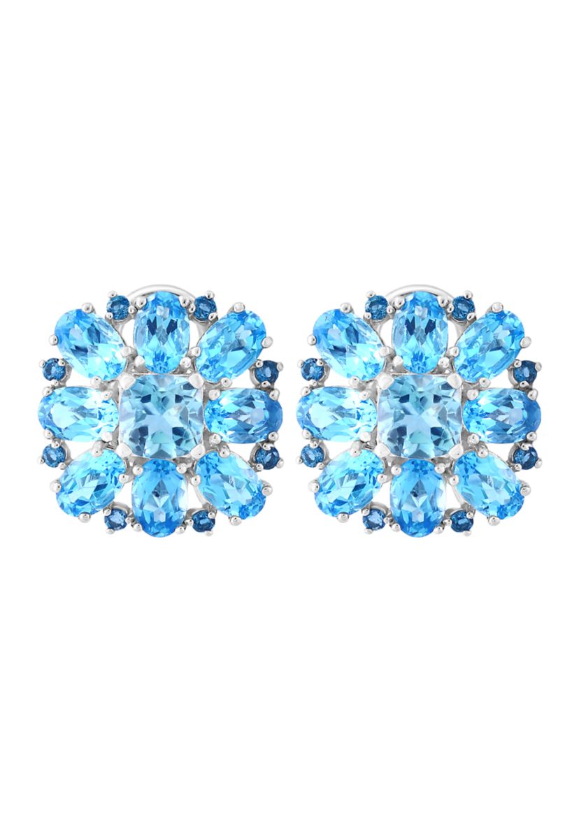 Blue Topaz, London Blue Topaz and Sky Blue Topaz Cluster Flower Earrings in Sterling Silver