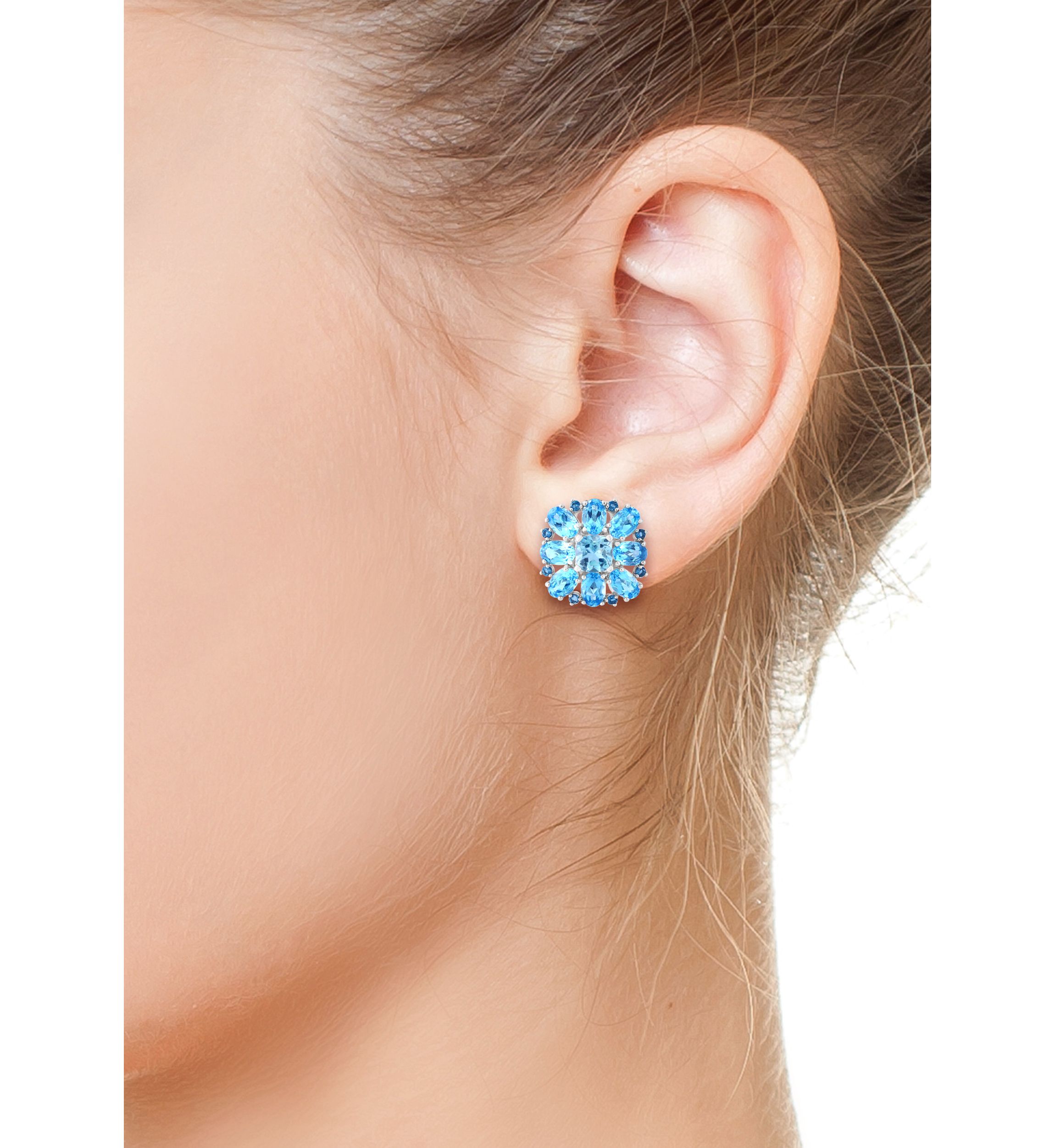 Blue Topaz, London Blue Topaz and Sky Blue Topaz Cluster Flower Earrings in Sterling Silver
