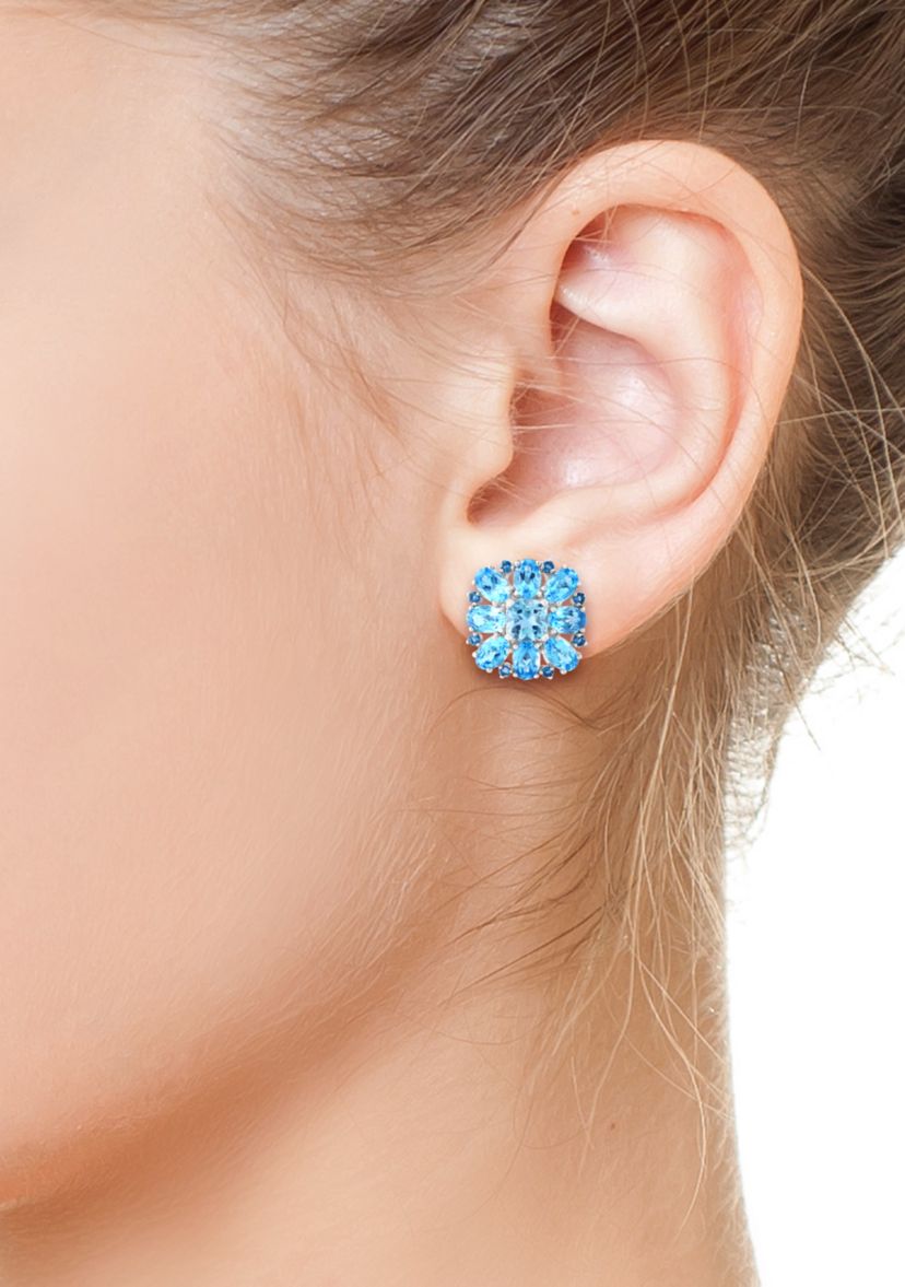 Blue Topaz, London Blue Topaz and Sky Blue Topaz Cluster Flower Earrings in Sterling Silver