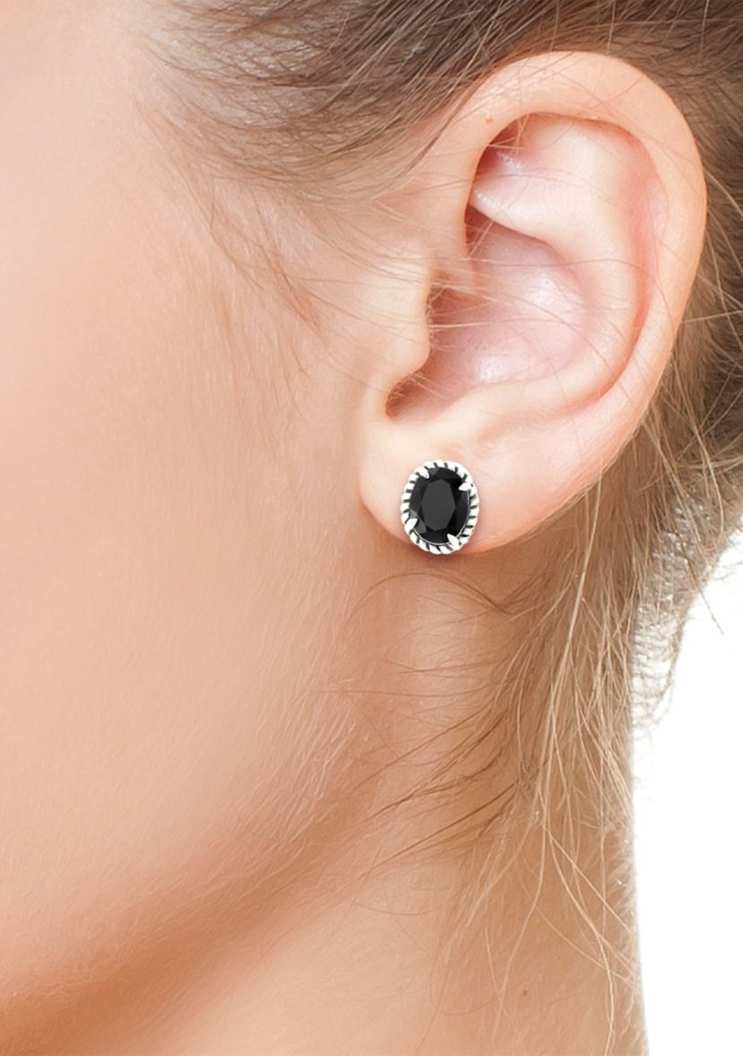 Onyx Cable Oval Huggie Earrings in Sterling Silver 