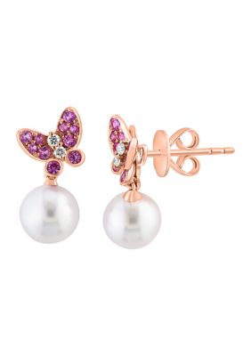 Effy 1/10 ct. t.w. Diamond, 1/4 ct. t.w. Pink Sapphire, Akoya Pearl Earrings in 14K Rose Gold
