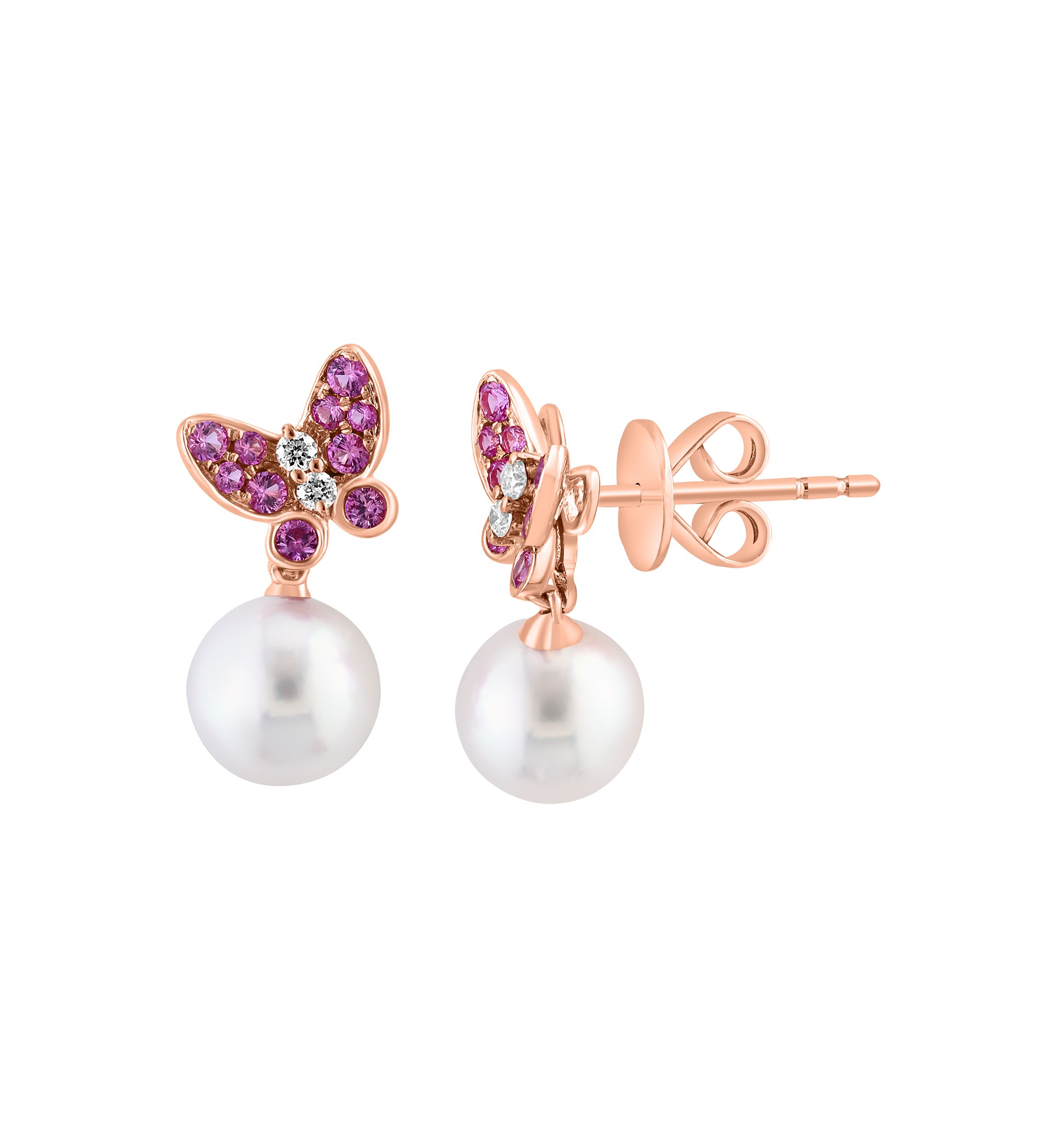 1/10 ct. t.w. Diamond, 1/4 ct. t.w. Pink Sapphire, Akoya Pearl Earrings in 14K Rose Gold