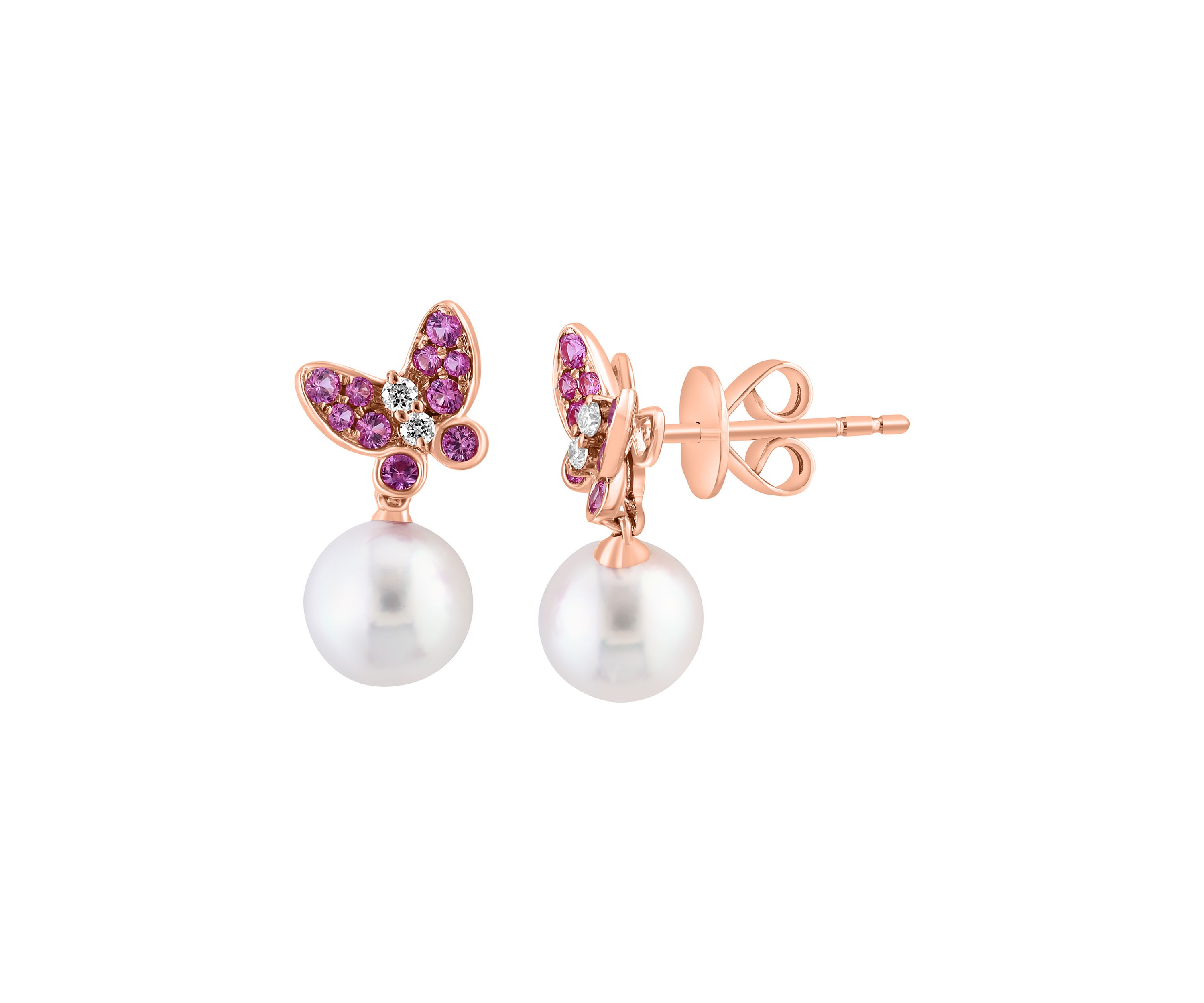 1/10 ct. t.w. Diamond, 1/4 ct. t.w. Pink Sapphire, Akoya Pearl Earrings in 14K Rose Gold