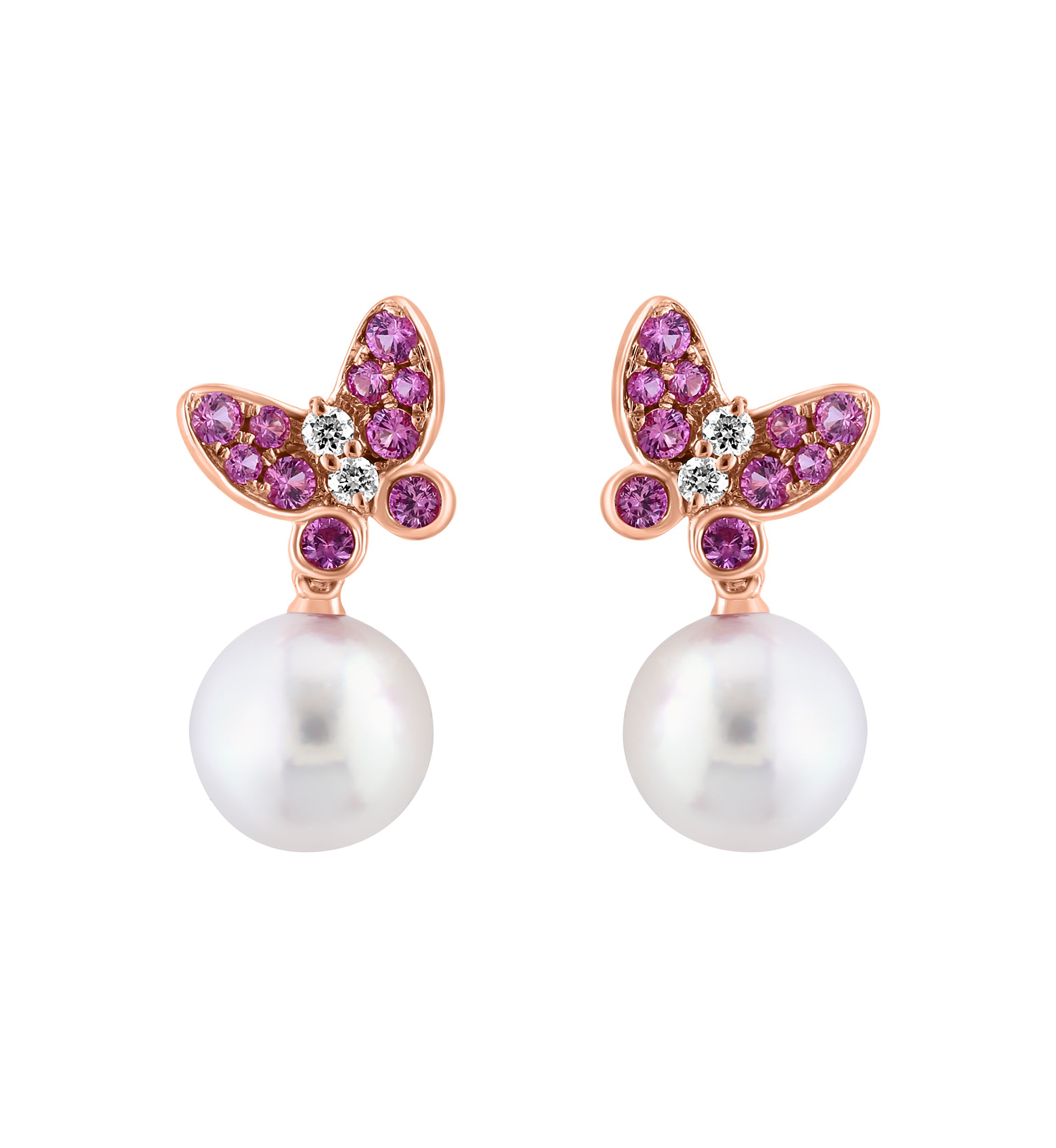 1/10 ct. t.w. Diamond, 1/4 ct. t.w. Pink Sapphire, Akoya Pearl Earrings in 14K Rose Gold