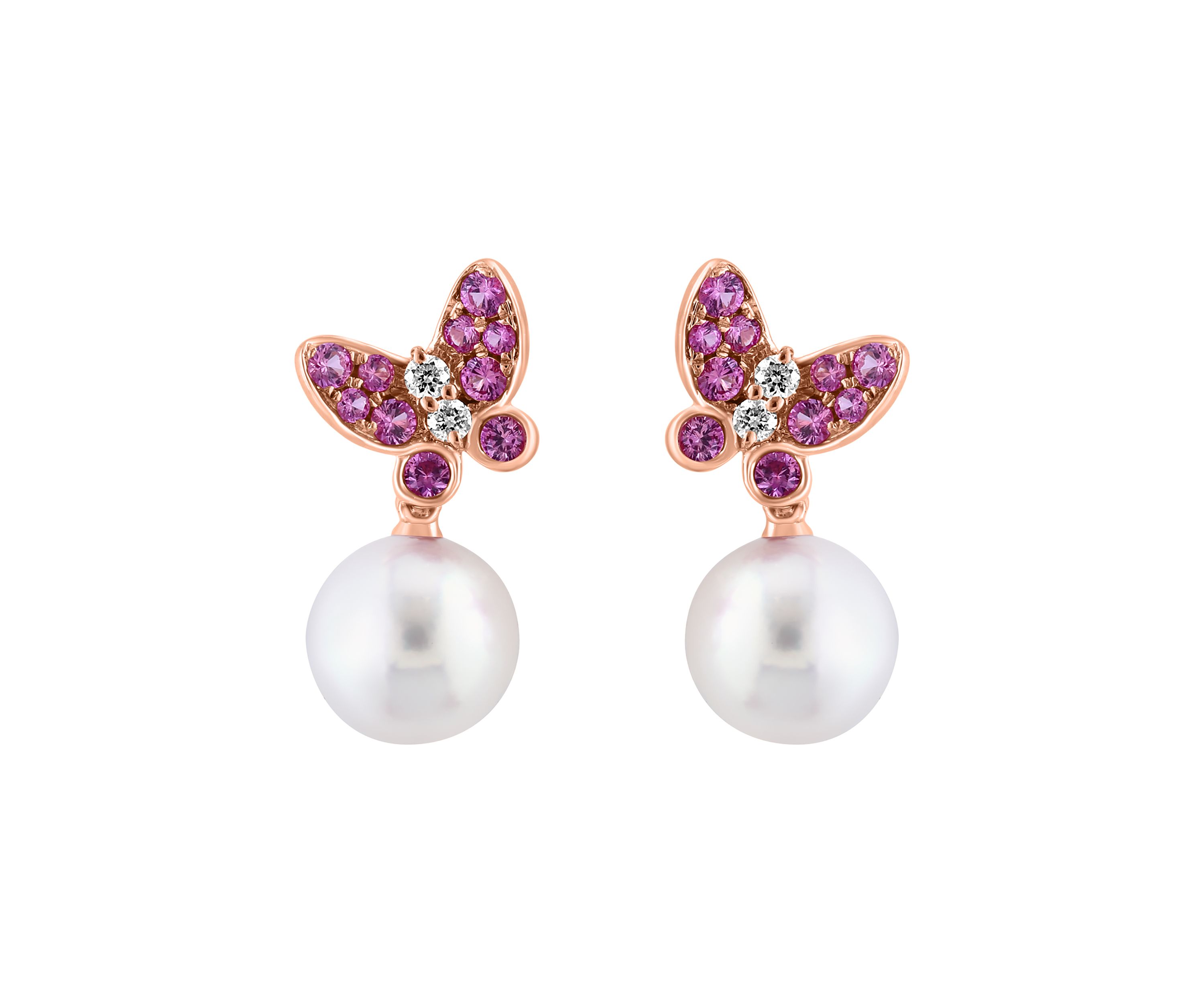 1/10 ct. t.w. Diamond, 1/4 ct. t.w. Pink Sapphire, Akoya Pearl Earrings in 14K Rose Gold