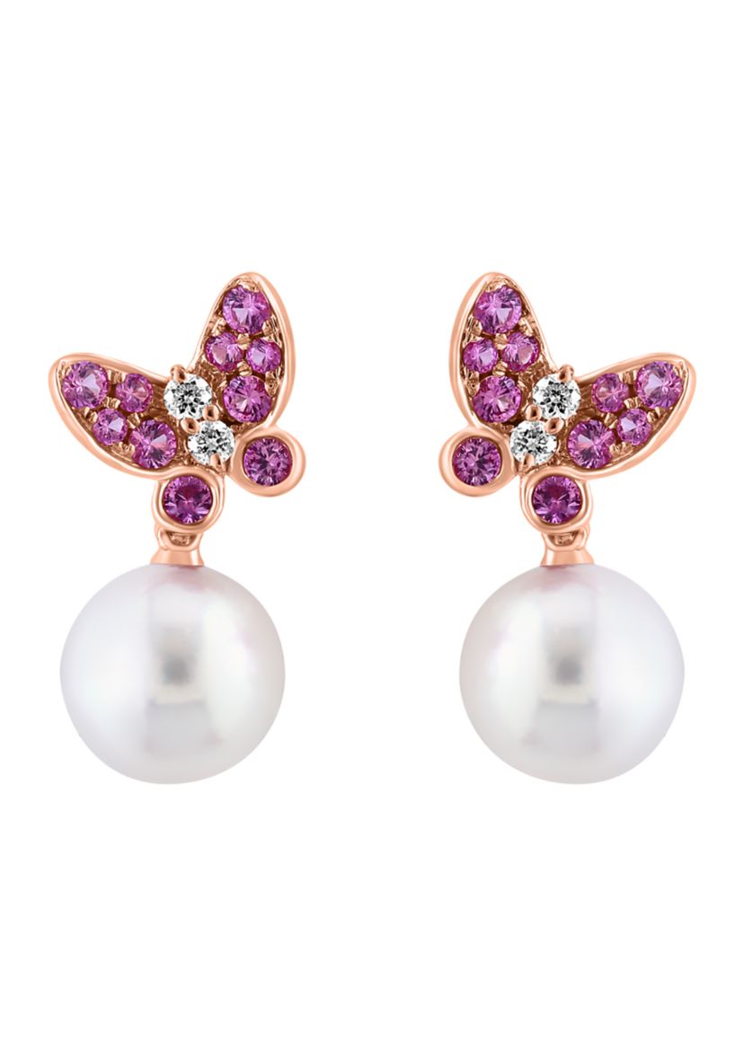 1/10 ct. t.w. Diamond, 1/4 ct. t.w. Pink Sapphire, Akoya Pearl Earrings in 14K Rose Gold