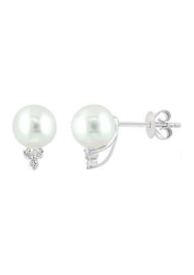 Effy 1/10 Ct. T.w. Diamond And Freshwater Pearl Earrings In 14K White Gold