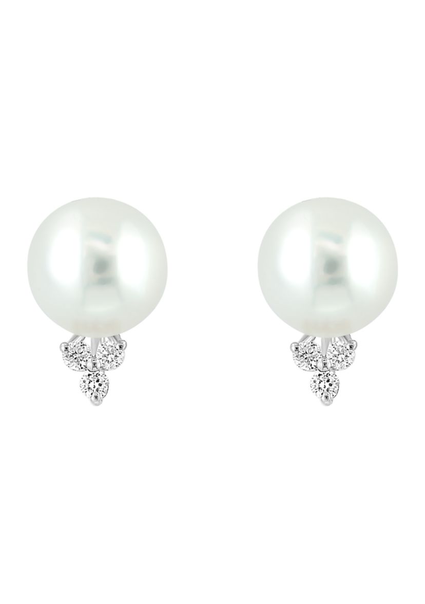 1/10 ct. t.w. Diamond and Freshwater Pearl Earrings in 14K White Gold