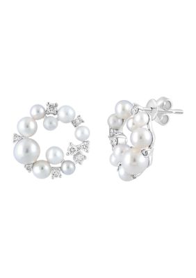 Effy 1/3 Ct. T.w. Diamond And Freshwater Pearl Circle Earrings In 14K White Gold
