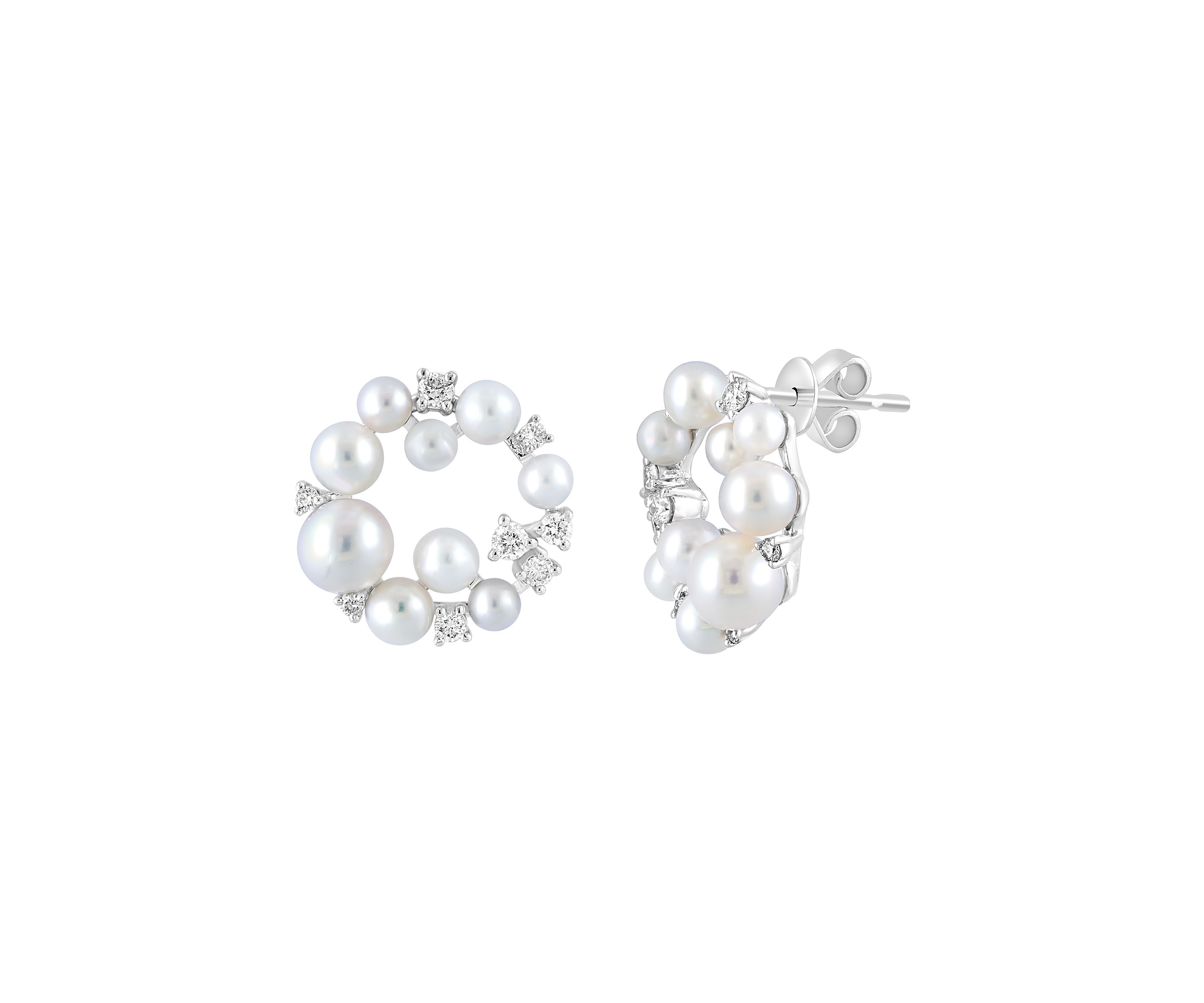 1/3 ct. t.w. Diamond and Freshwater Pearl Circle Earrings in 14K White Gold