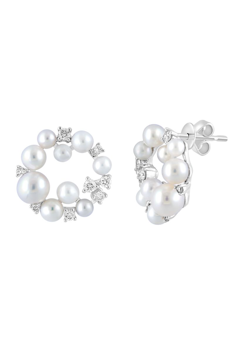 1/3 ct. t.w. Diamond and Freshwater Pearl Circle Earrings in 14K White Gold