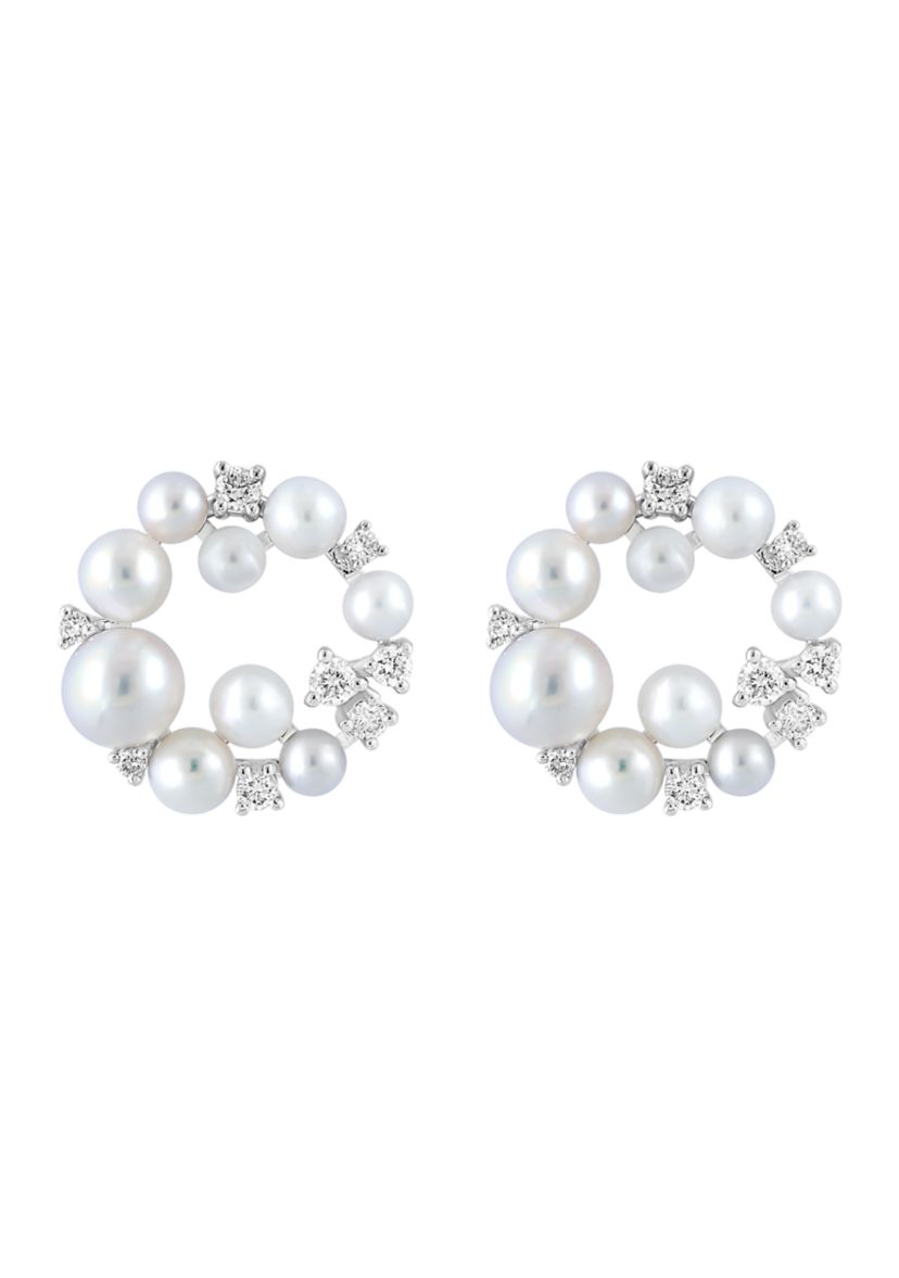 1/3 ct. t.w. Diamond and Freshwater Pearl Circle Earrings in 14K White Gold