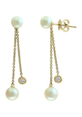 Effy 1/10 Ct. T.w. Diamond And Freshwater Pearl Earrings In 14K Yellow Gold