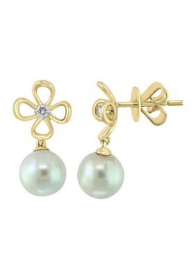 Effy 1/10 Ct. T.w. Diamond Flower Freshwater Pearl Earrings In 14K Yellow Gold -  0617892735042