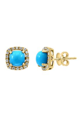 Effy 1/5 Ct. T.w. Diamond And Turquoise Stud Earrings In 14K Yellow Gold