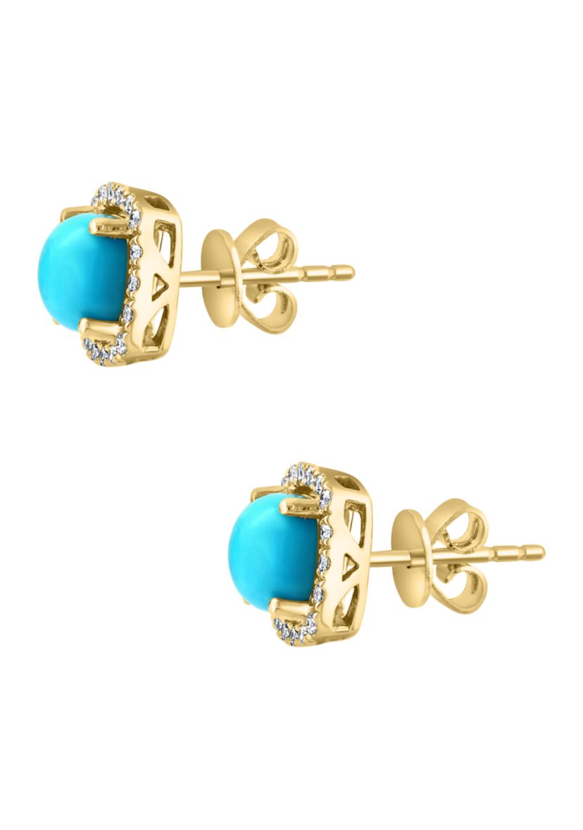 1/5 ct. t.w. Diamond and Turquoise Stud Earrings in 14K Yellow Gold