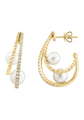 Effy 14K Yellow Gold Diamond And Freshwater Pearl Earrings