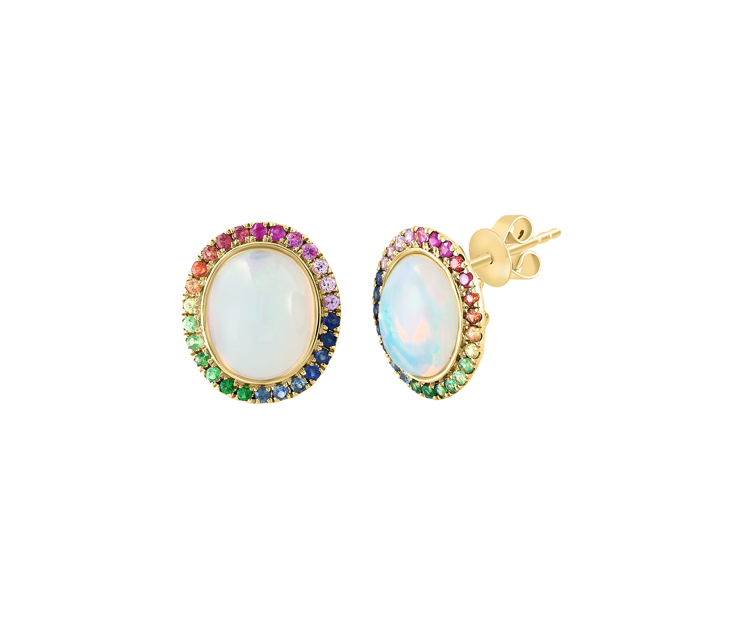 Ethiopian Opal, Sapphire, Yellow Sapphire, Pink Sapphire, Orange Sapphire, Tsavorite Button Earrings In 14k Yellow Gold 